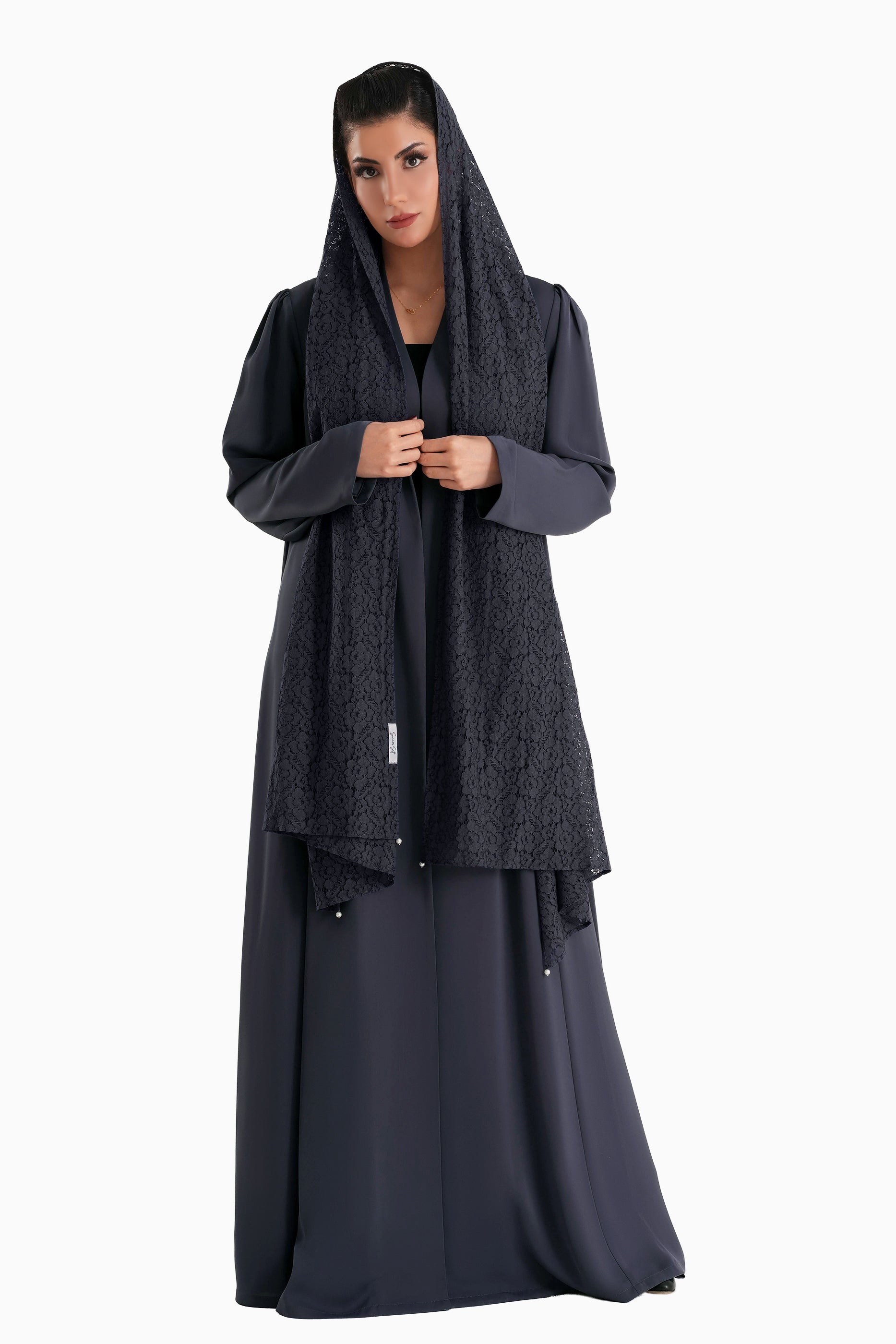 Frenchelle Dark Berry - Plain Minimalist Abaya with Matching Floral Lace Shella Set