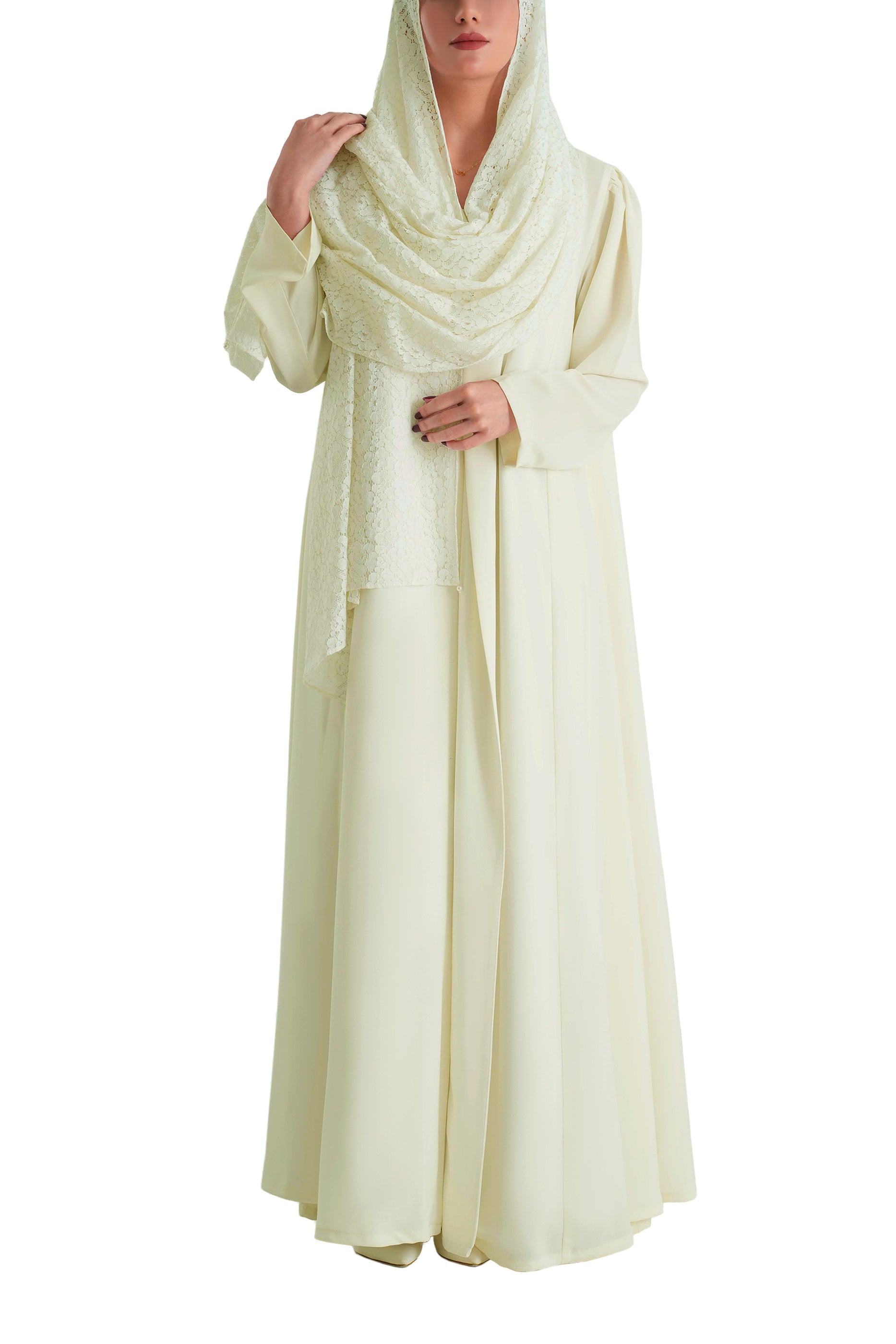 Frenchelle Powder White- Plain Minimalist Abaya with Matching Floral Lace Shella Set