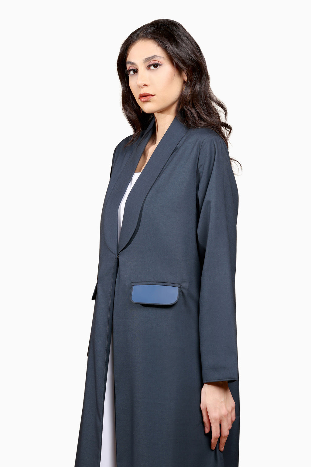 Aya Blue - Linen Fabric with Collared Suit Abaya