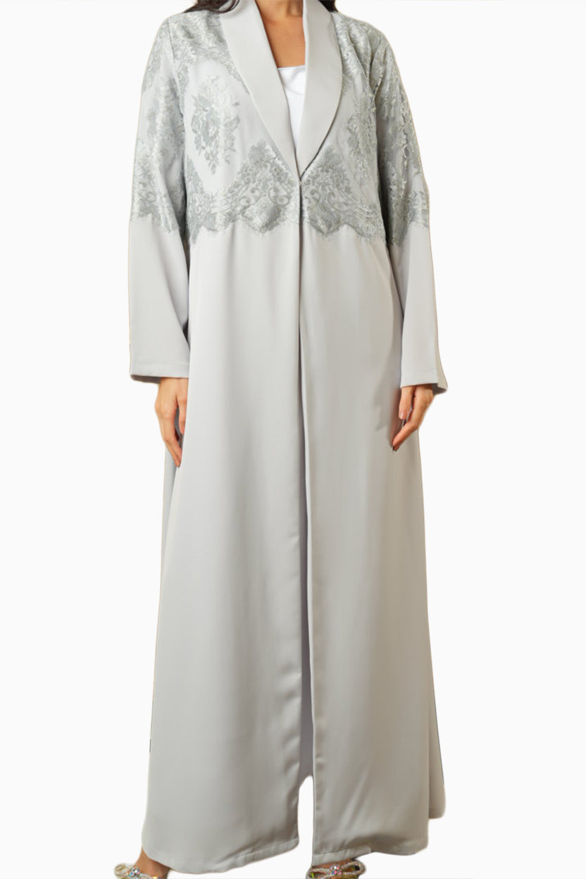 Dana Mist Grey – Soft Crepe Fabric with Lace Embroidery Abaya