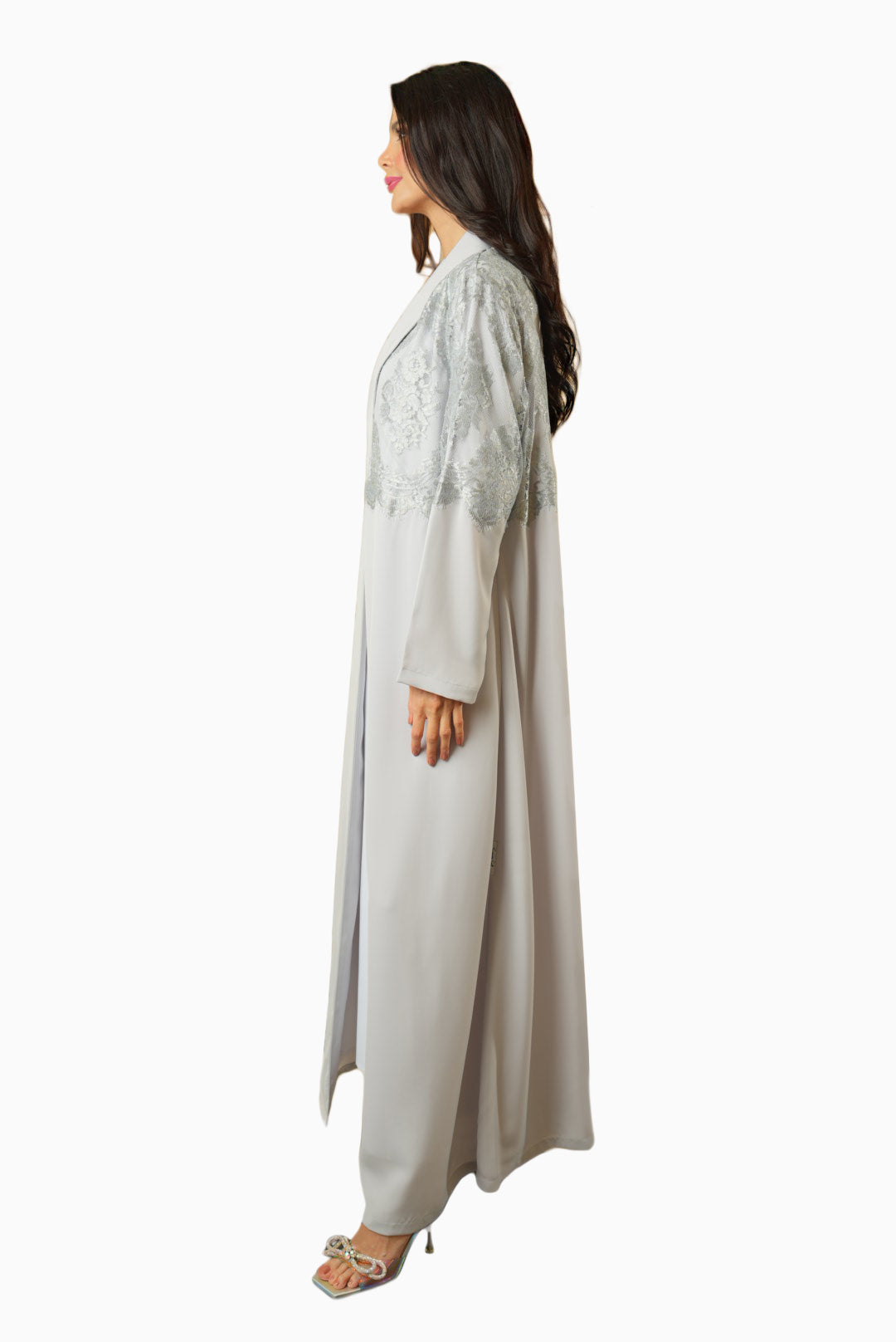 Dana Mist Grey – Soft Crepe Fabric with Lace Embroidery Abaya