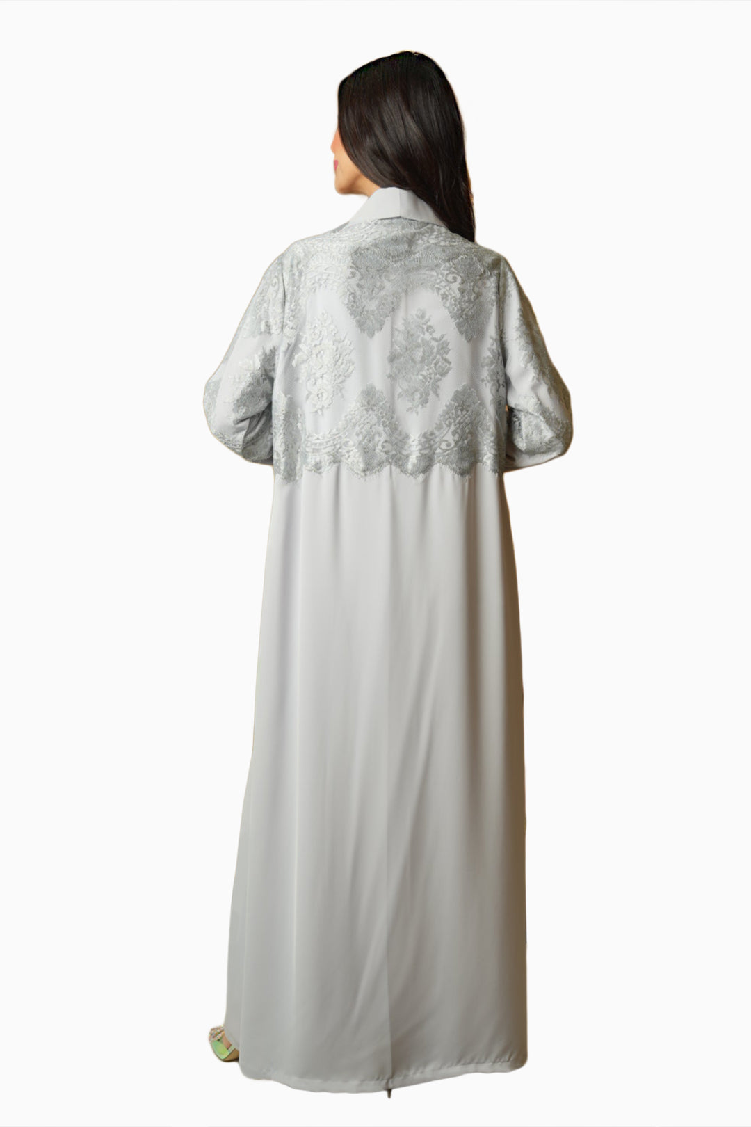 Dana Mist Grey – Soft Crepe Fabric with Lace Embroidery Abaya