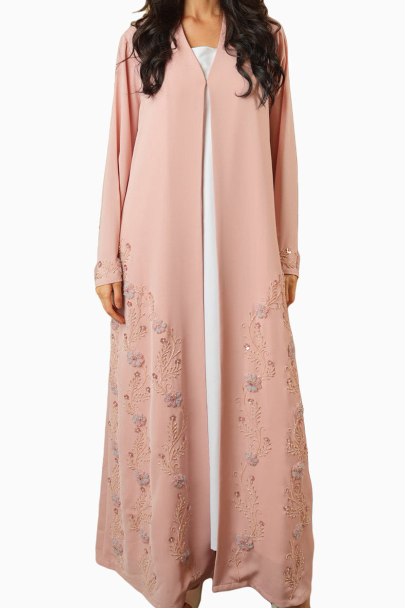 Nisha Pink – Soft Crepe Fabric with Floral Embroidery Abaya