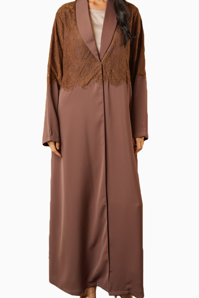 Dana Mocha – Soft Crepe Fabric with French Lace Abaya