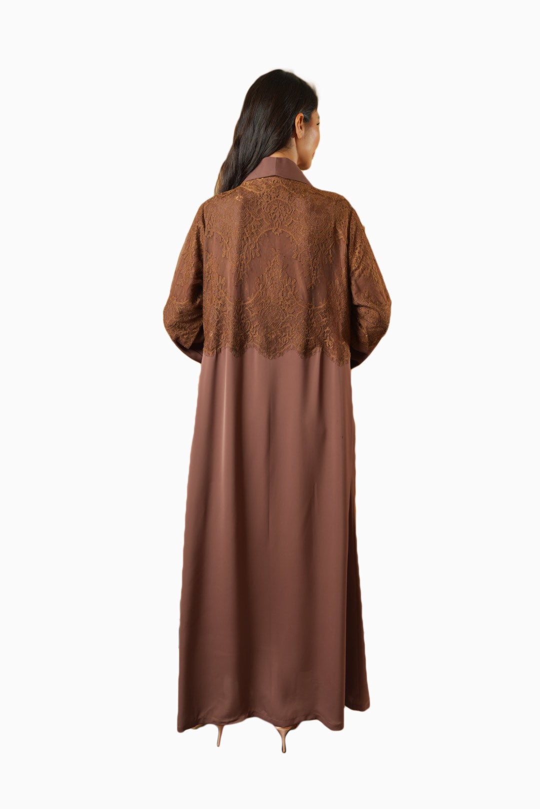 Dana Mocha – Soft Crepe Fabric with French Lace Abaya