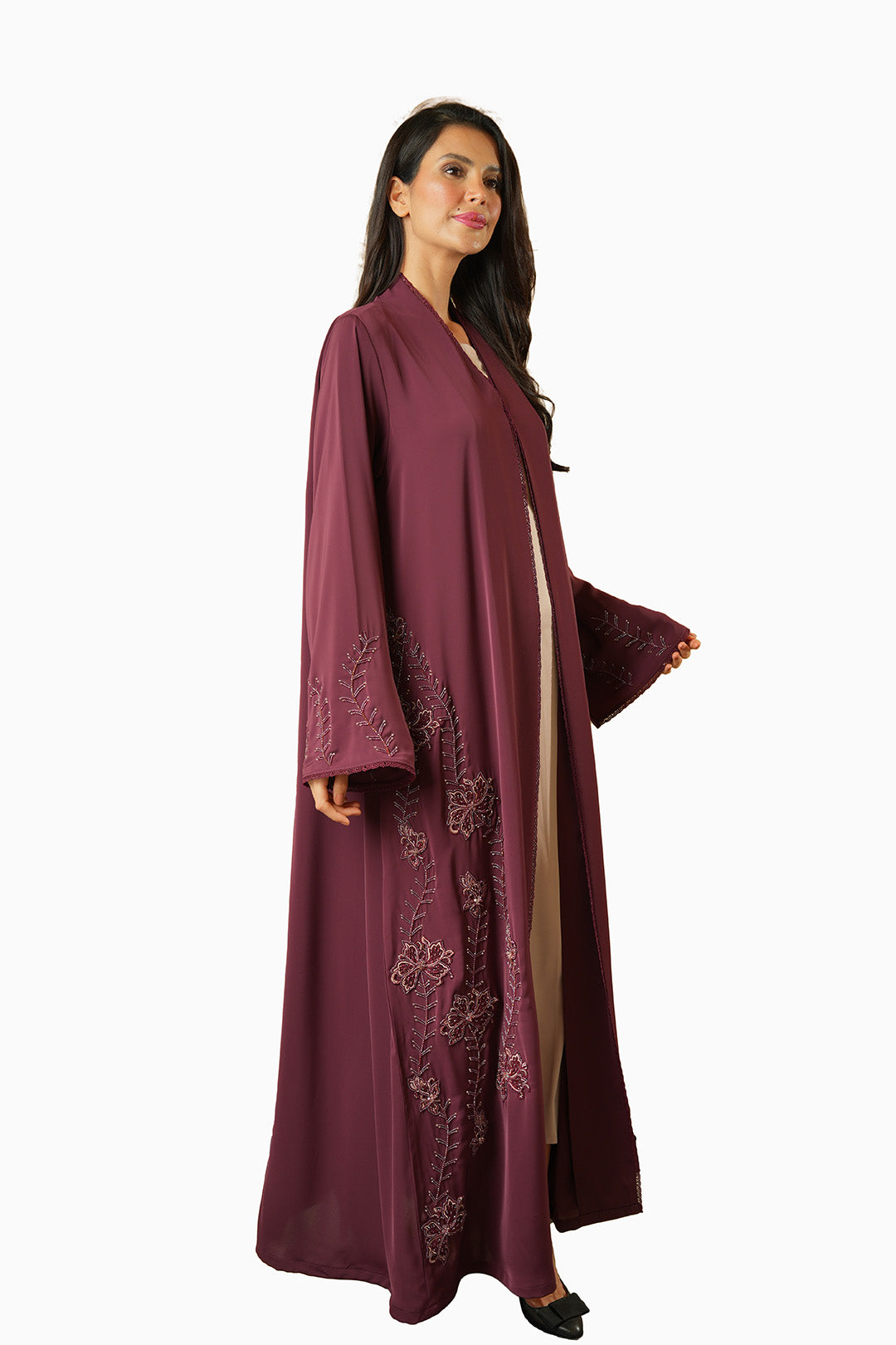 Rania Burgundy – Soft Crepe Embroidered Abaya