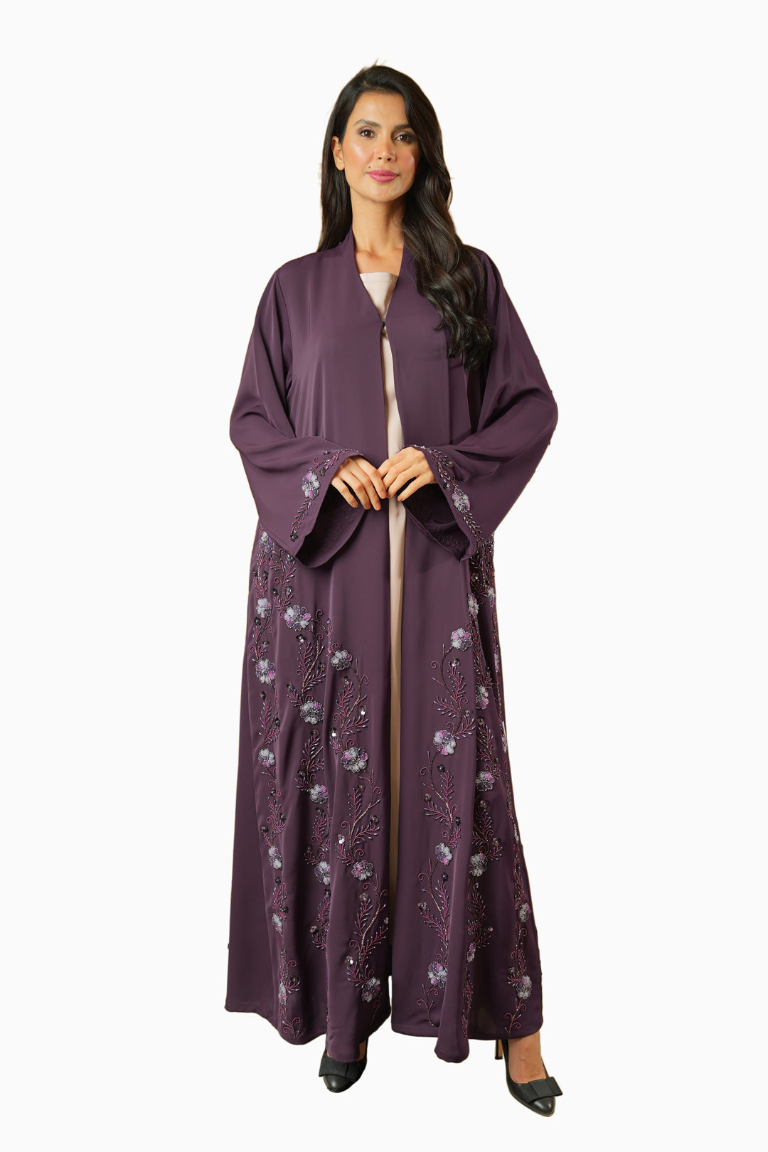 Nisha Plum – Soft Crepe Embroidered Abaya