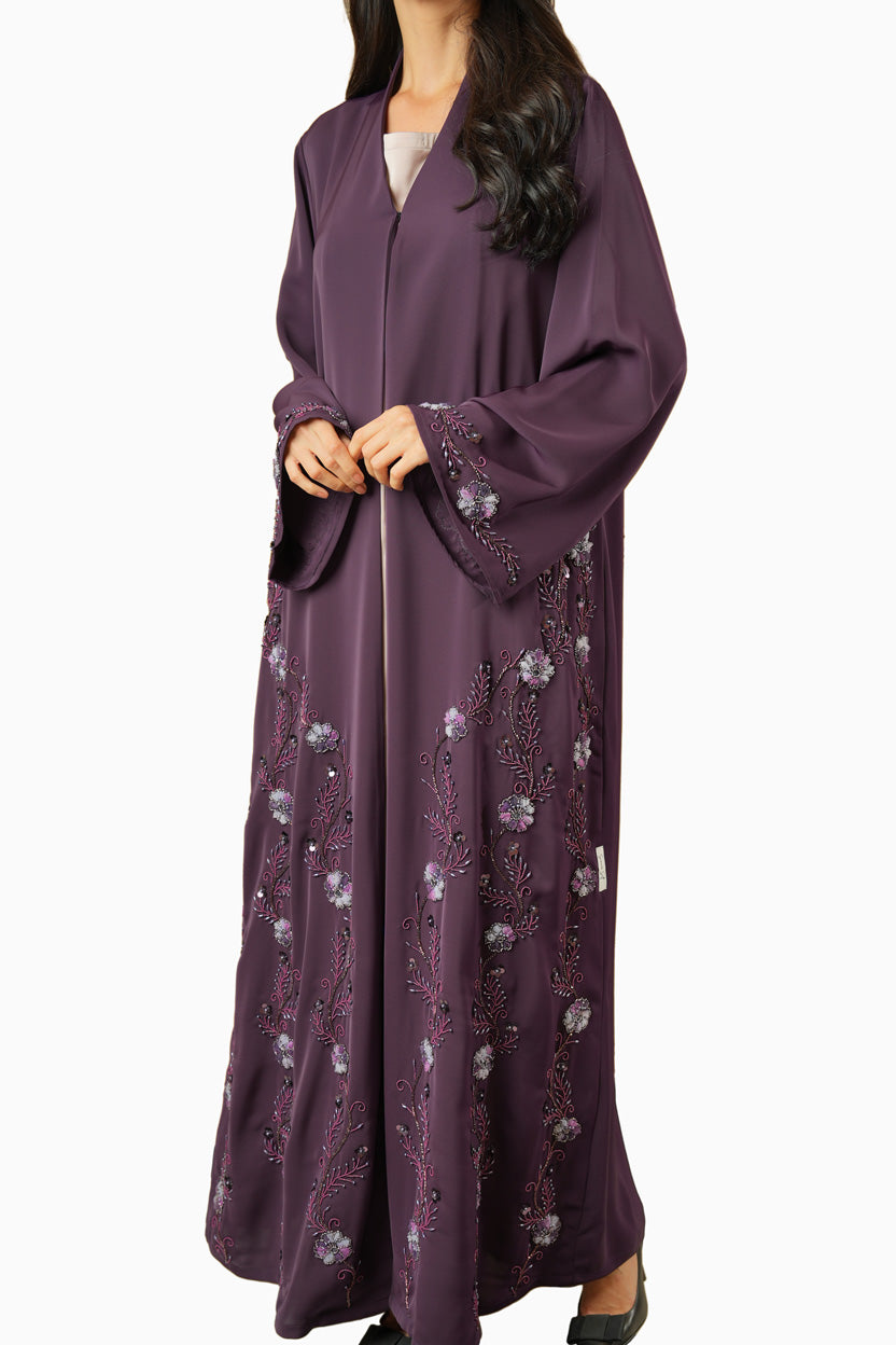 Nisha Plum – Soft Crepe Embroidered Abaya