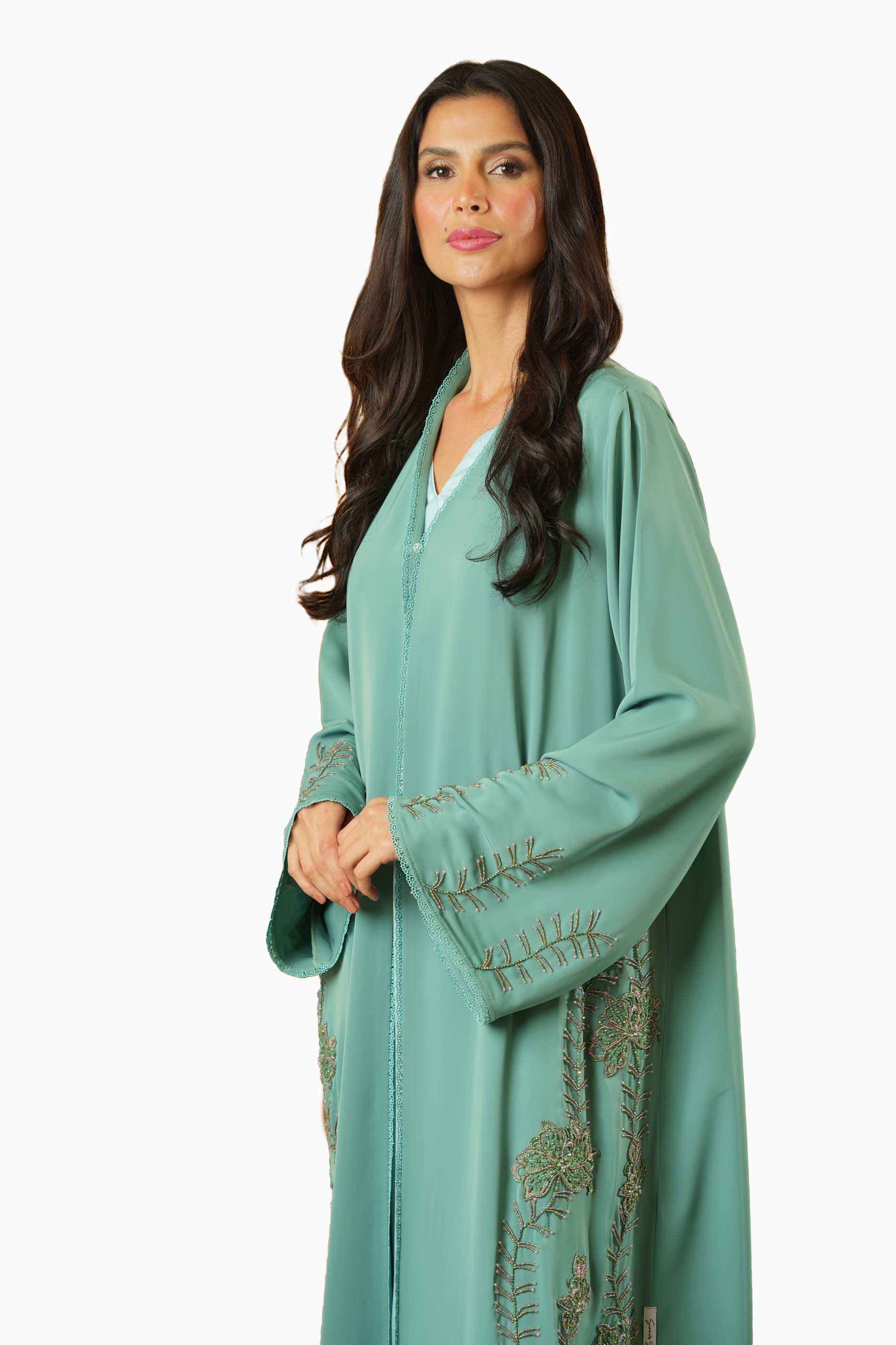 Rania Mint – Soft Crepe Embroidered Abaya