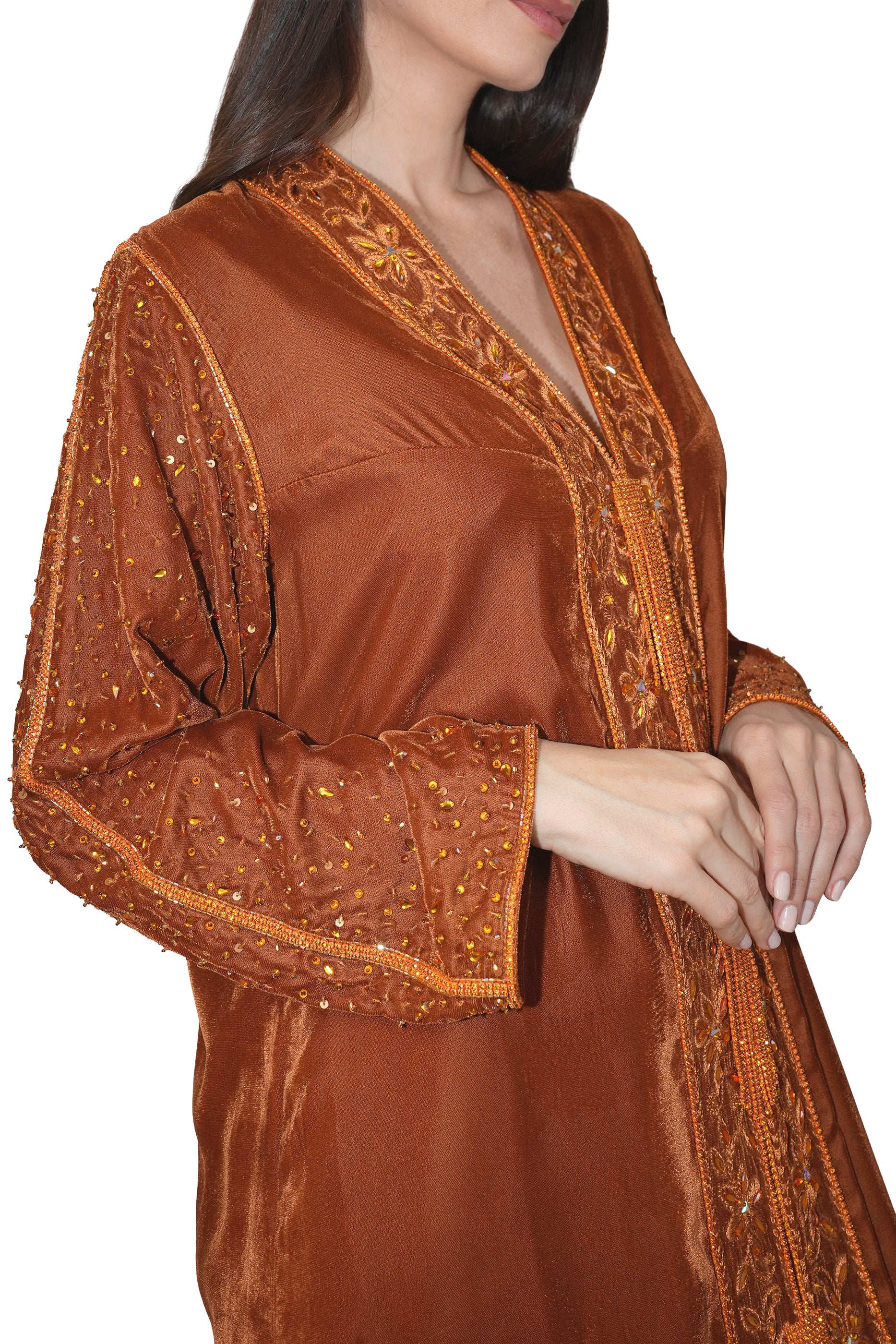 Duja Dark Copper - Velvet Crystal Embroidery Dress