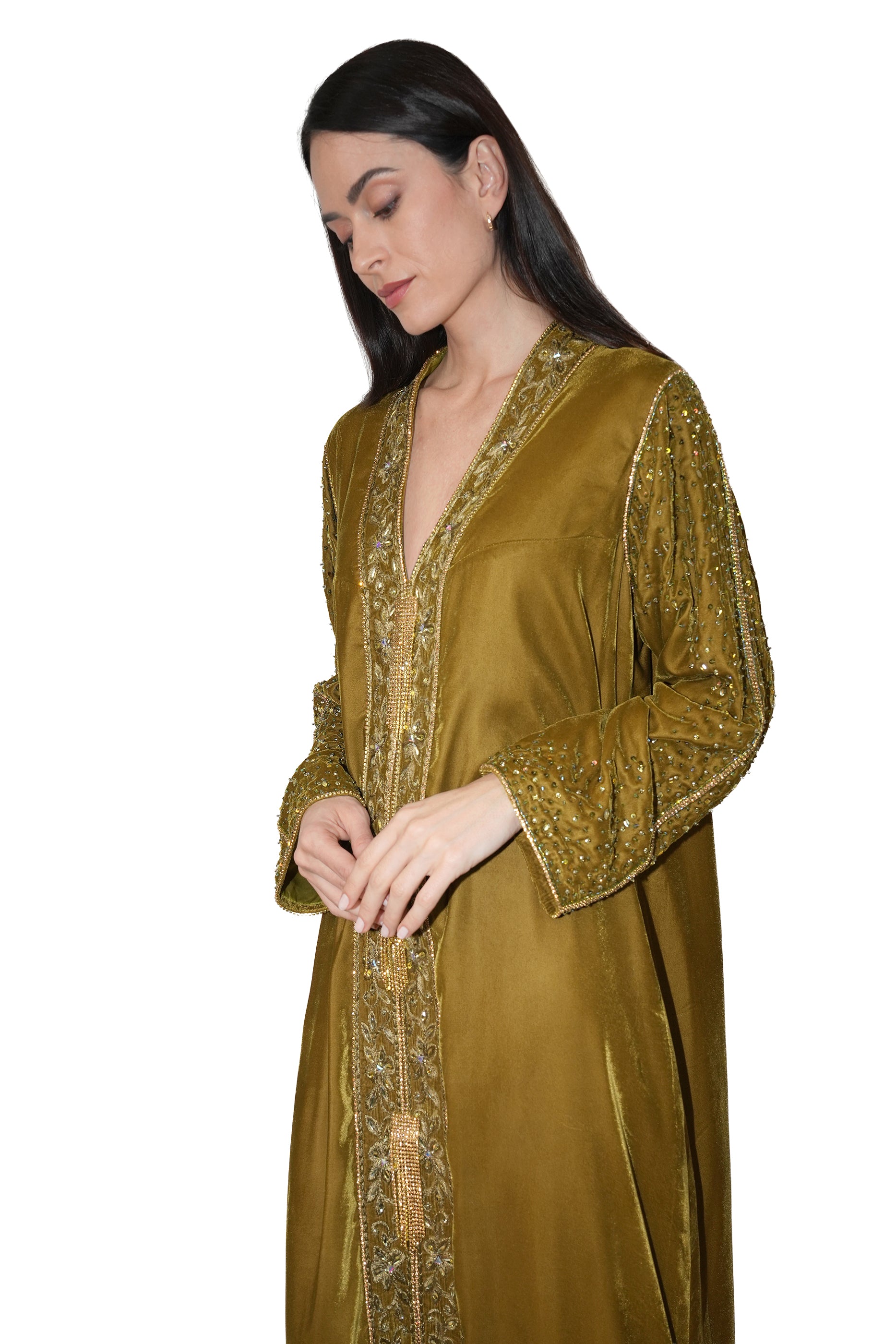 Duja Dark Gold- Velvet Crystal Embroidery Dress