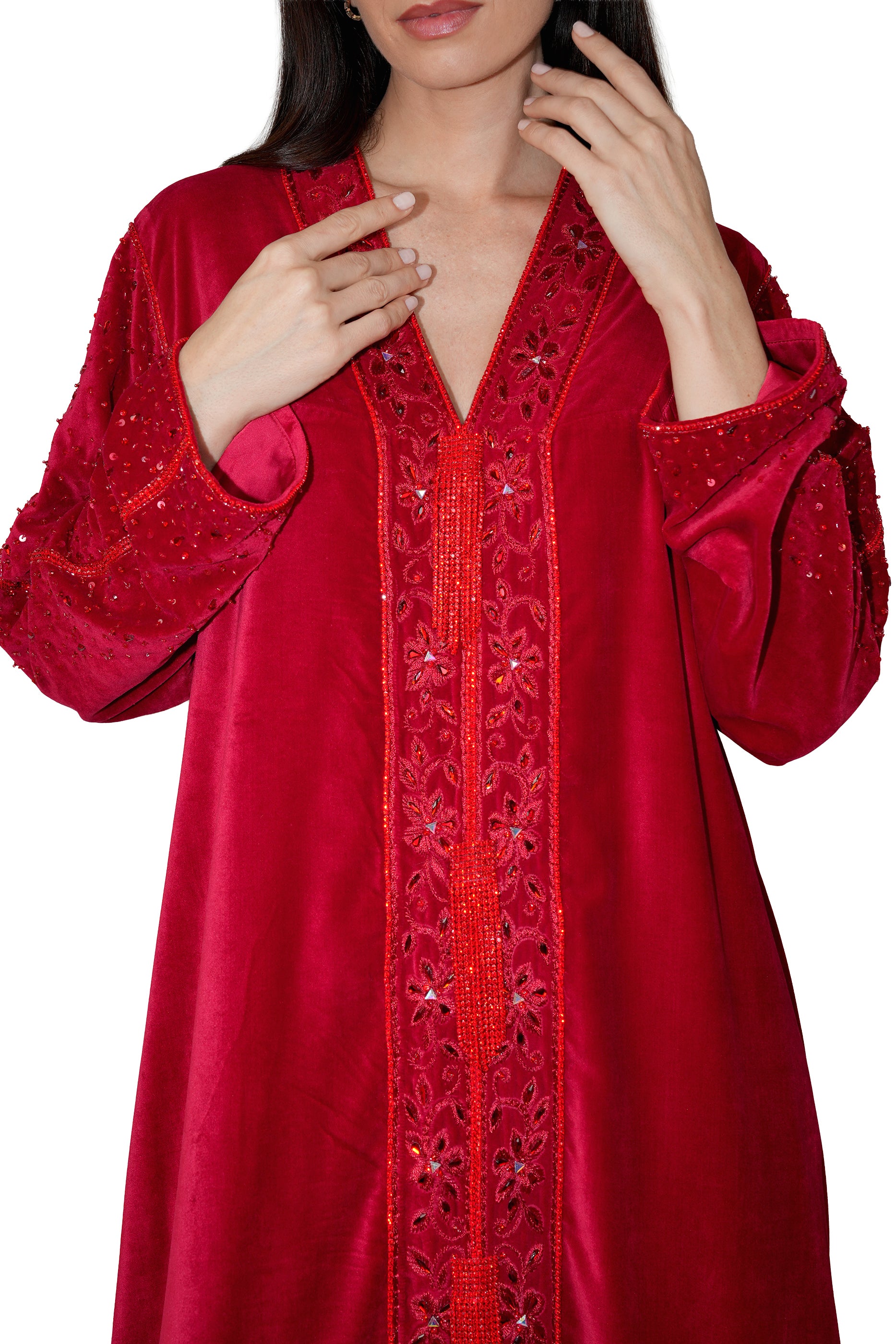Duja Dark Red - Velvet Crystal Embroidery Dress
