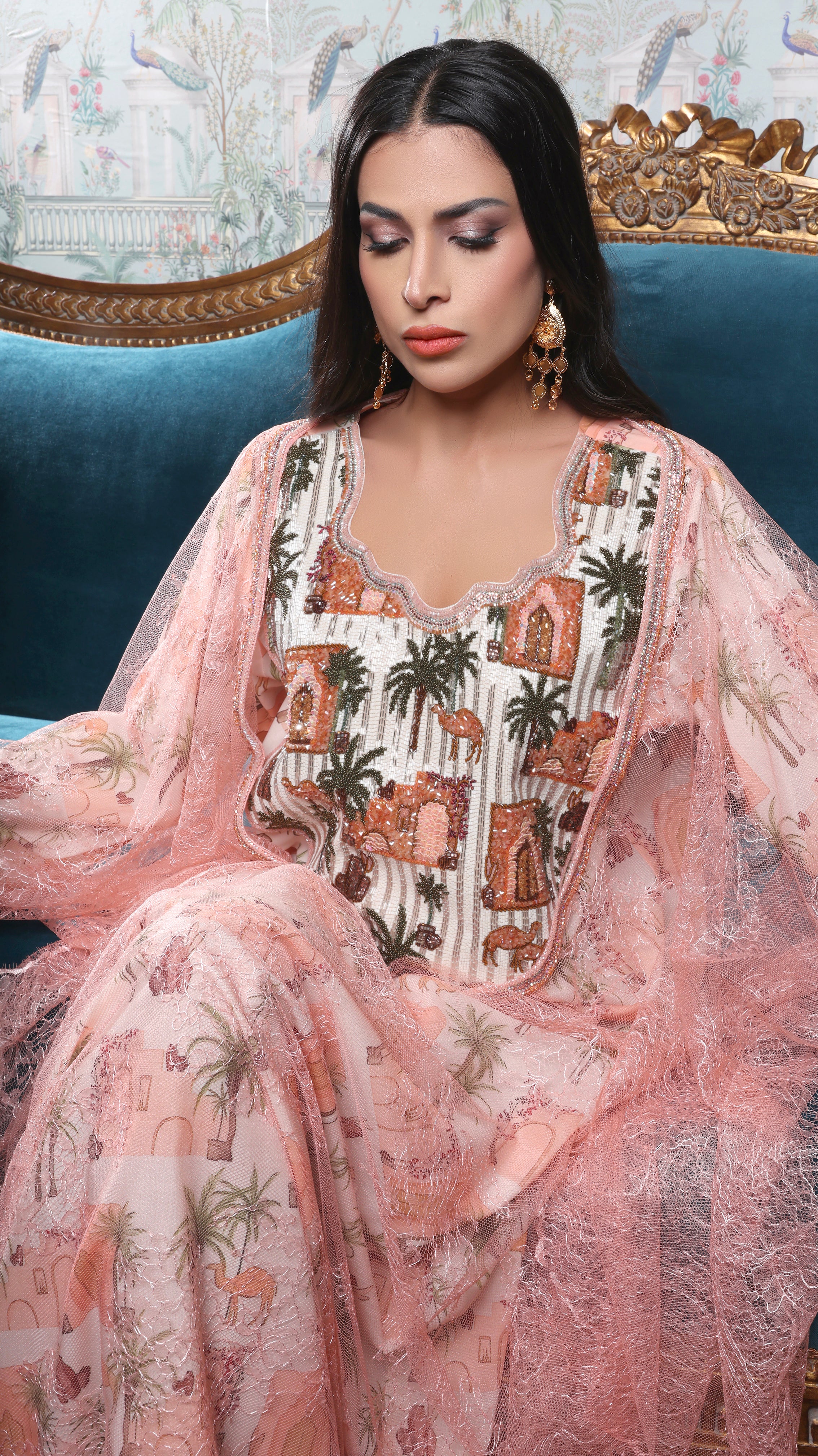 Elina Peach Mkhawar Kaftan - Printed Floral Embroidery
