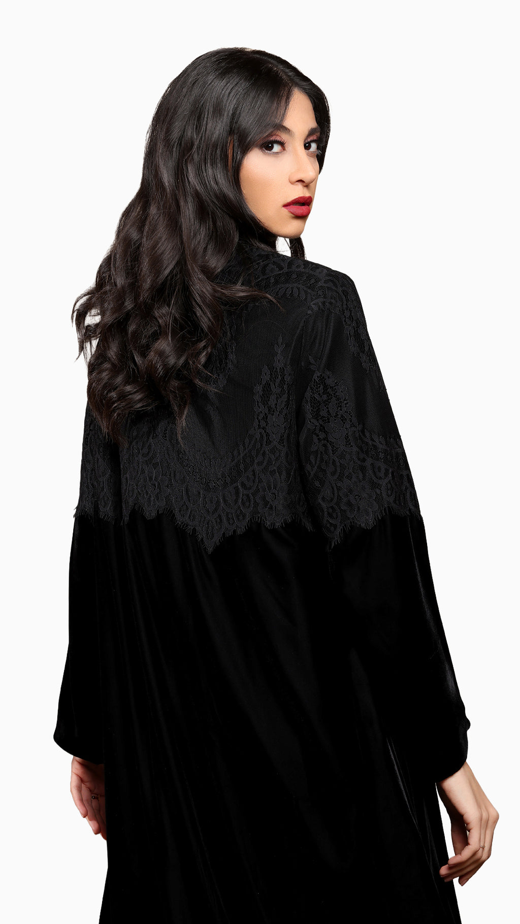 Lamees Black - Classic Black Velvet Abaya with Silver Lace Detail