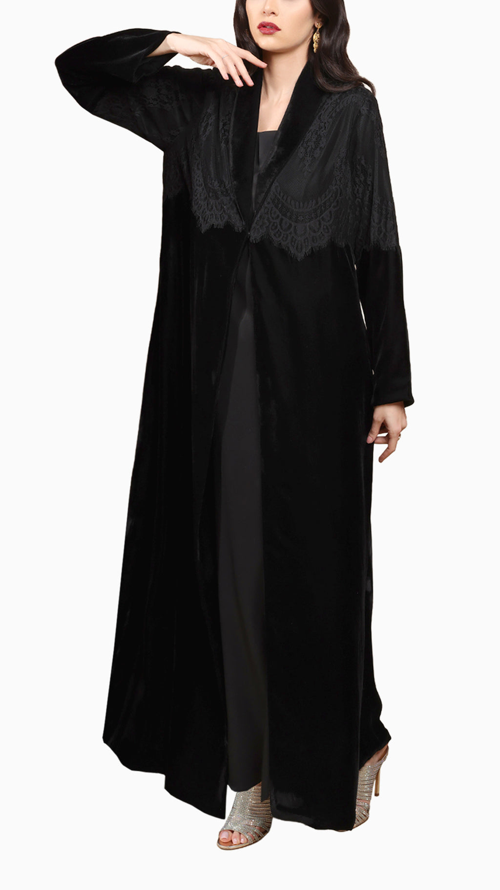 Lamees Black - Classic Black Velvet Abaya with Silver Lace Detail
