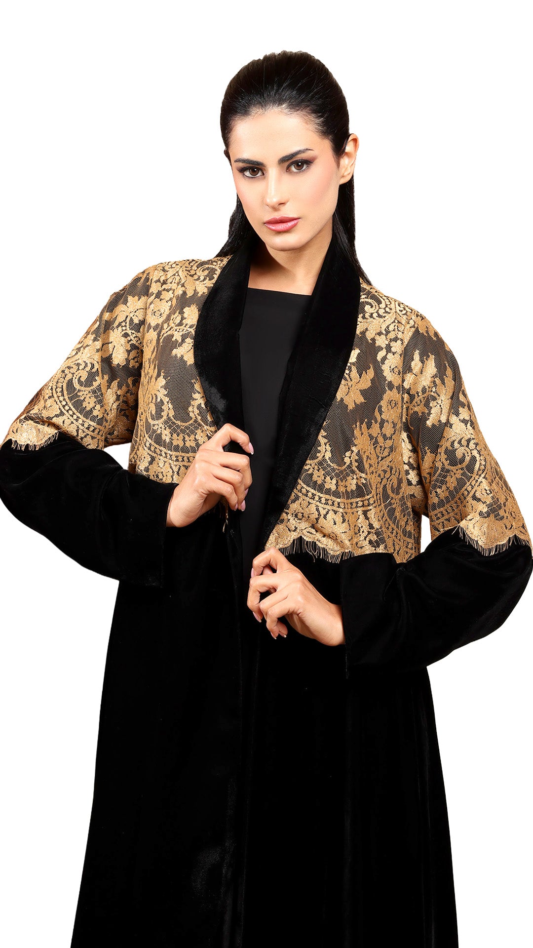 Lamees Gold - Classic Black Velvet Abaya with Golden Lace Detail