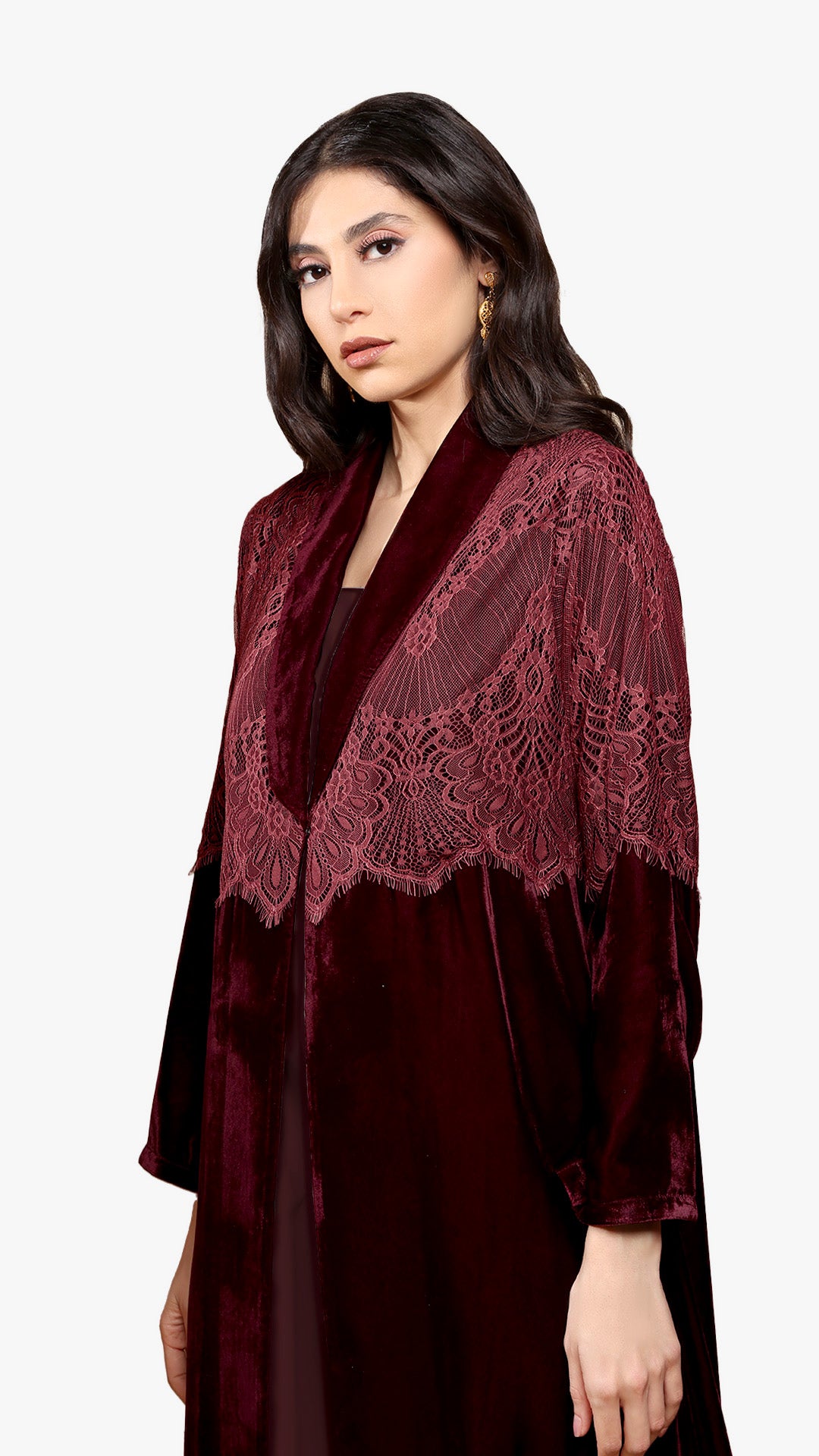 Lamees Maroon - Classic Black Velvet Abaya with Silver Lace Detail