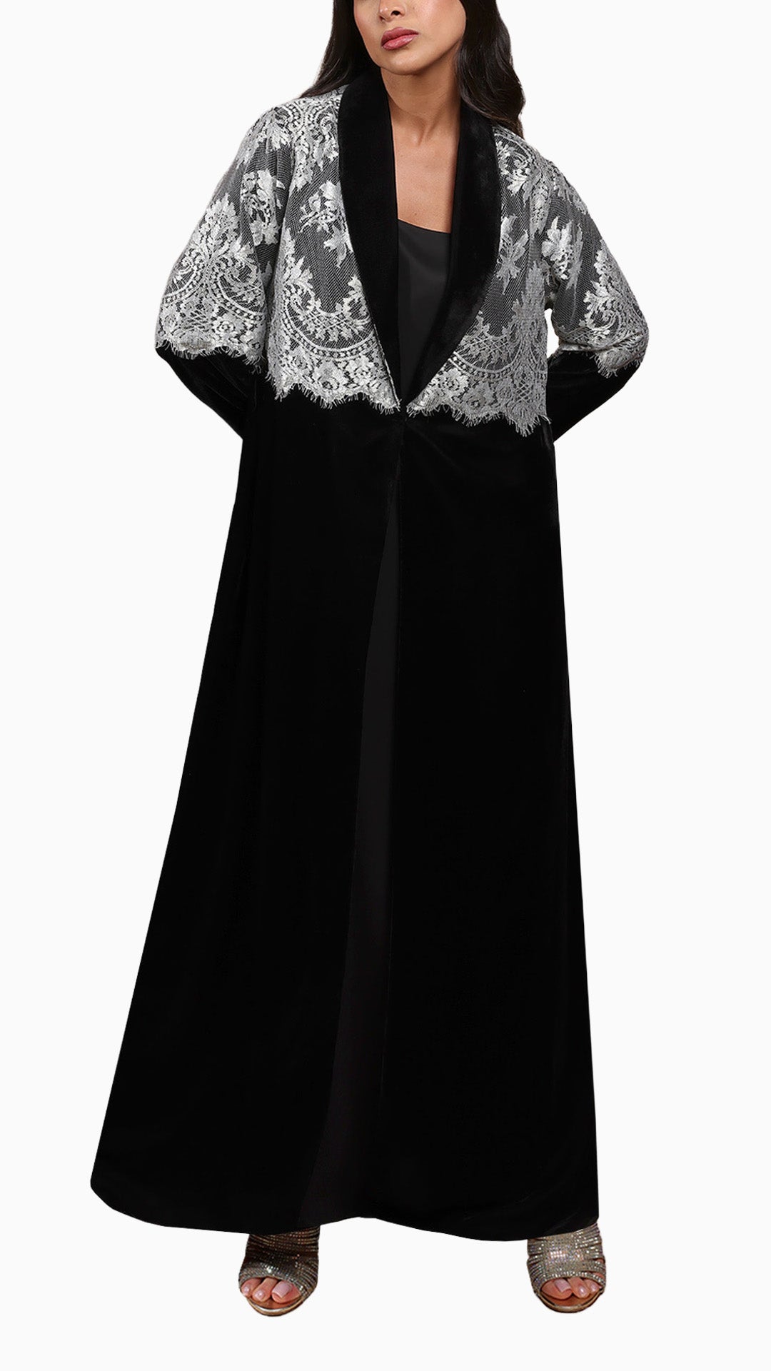 Lamees Silver - Classic Black Velvet Abaya with Silver Lace Detail