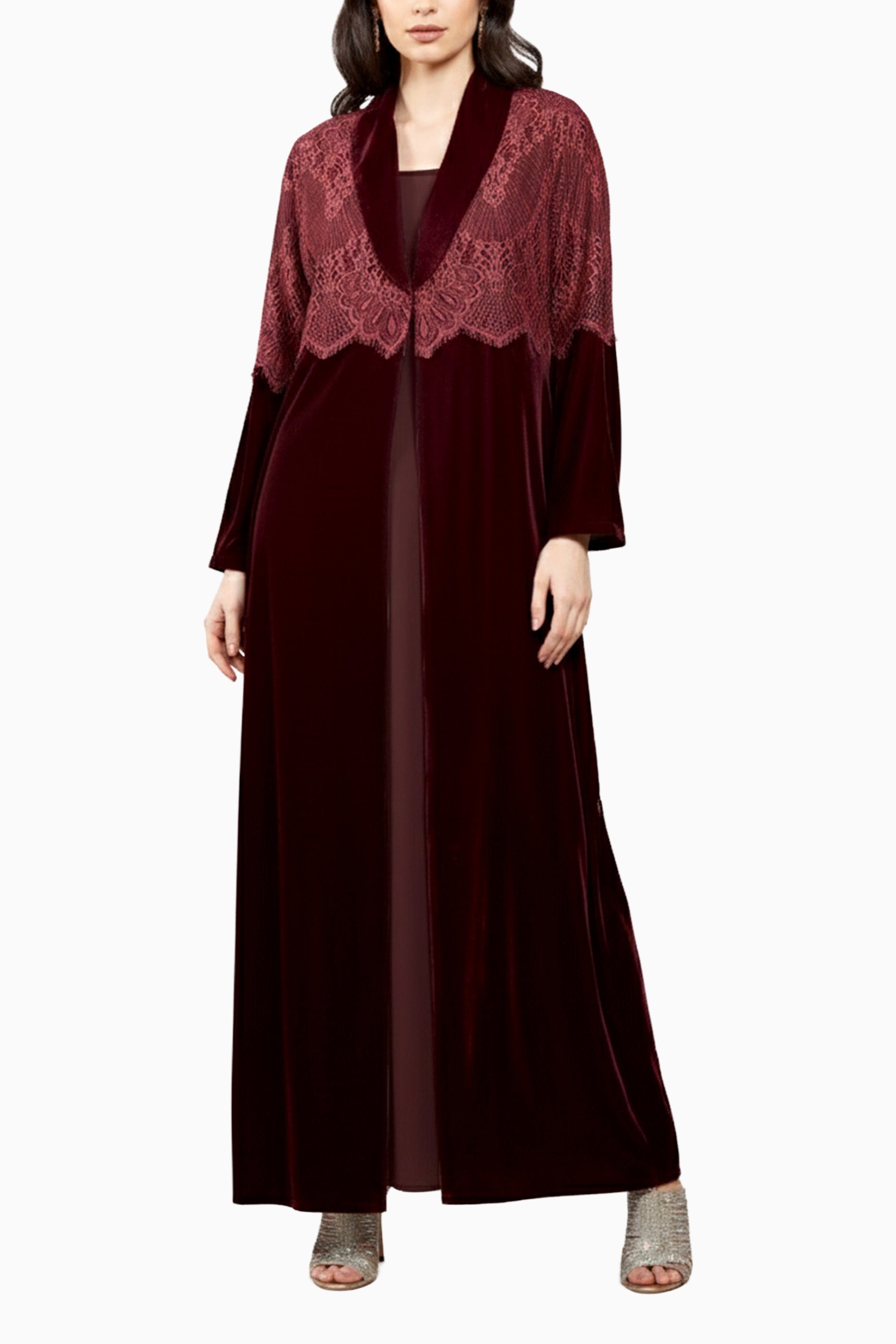 Lamees Maroon - Classic Black Velvet Abaya with Silver Lace Detail