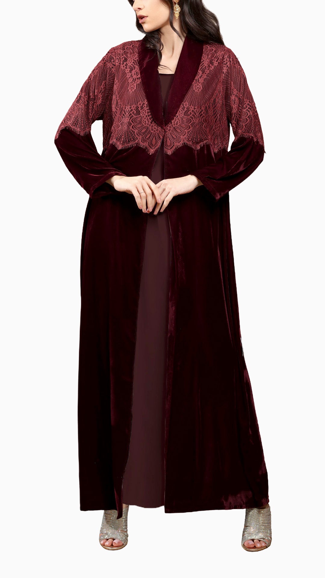 Lamees Maroon - Classic Black Velvet Abaya with Silver Lace Detail