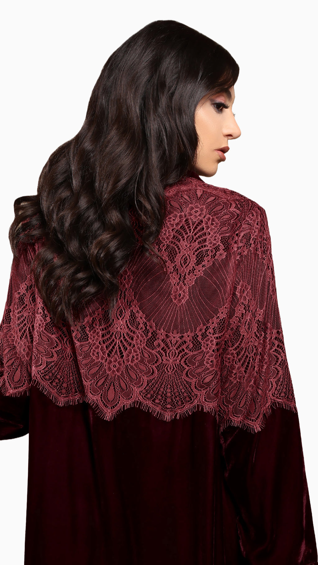 Lamees Maroon - Classic Black Velvet Abaya with Silver Lace Detail