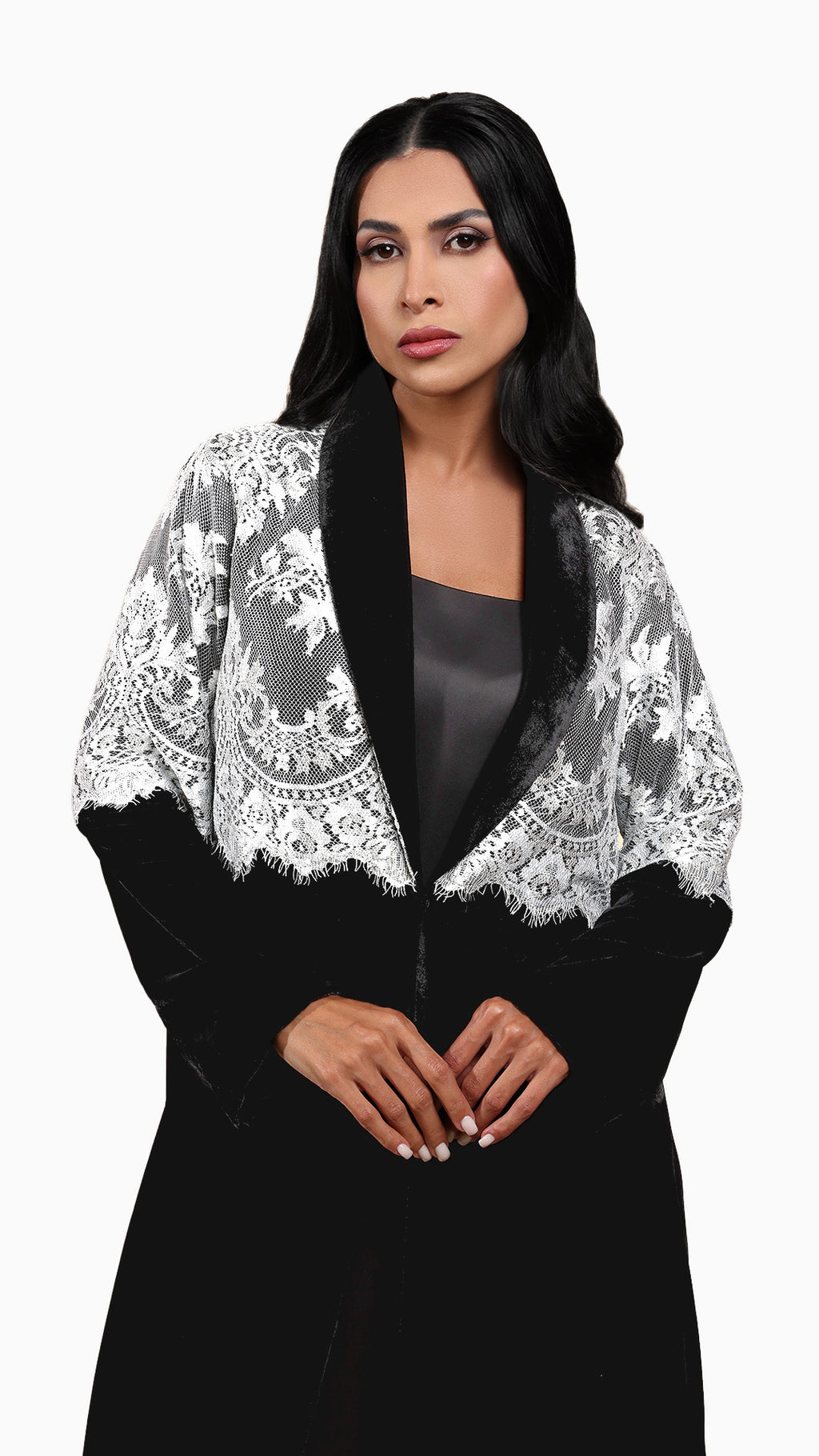 Lamees Silver - Classic Black Velvet Abaya with Silver Lace Detail