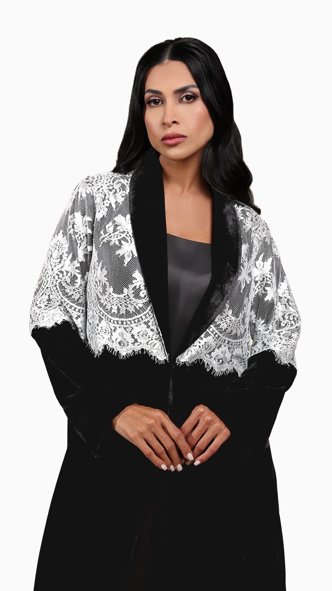 Lamees Silver - Classic Black Velvet Abaya with Silver Lace Detail