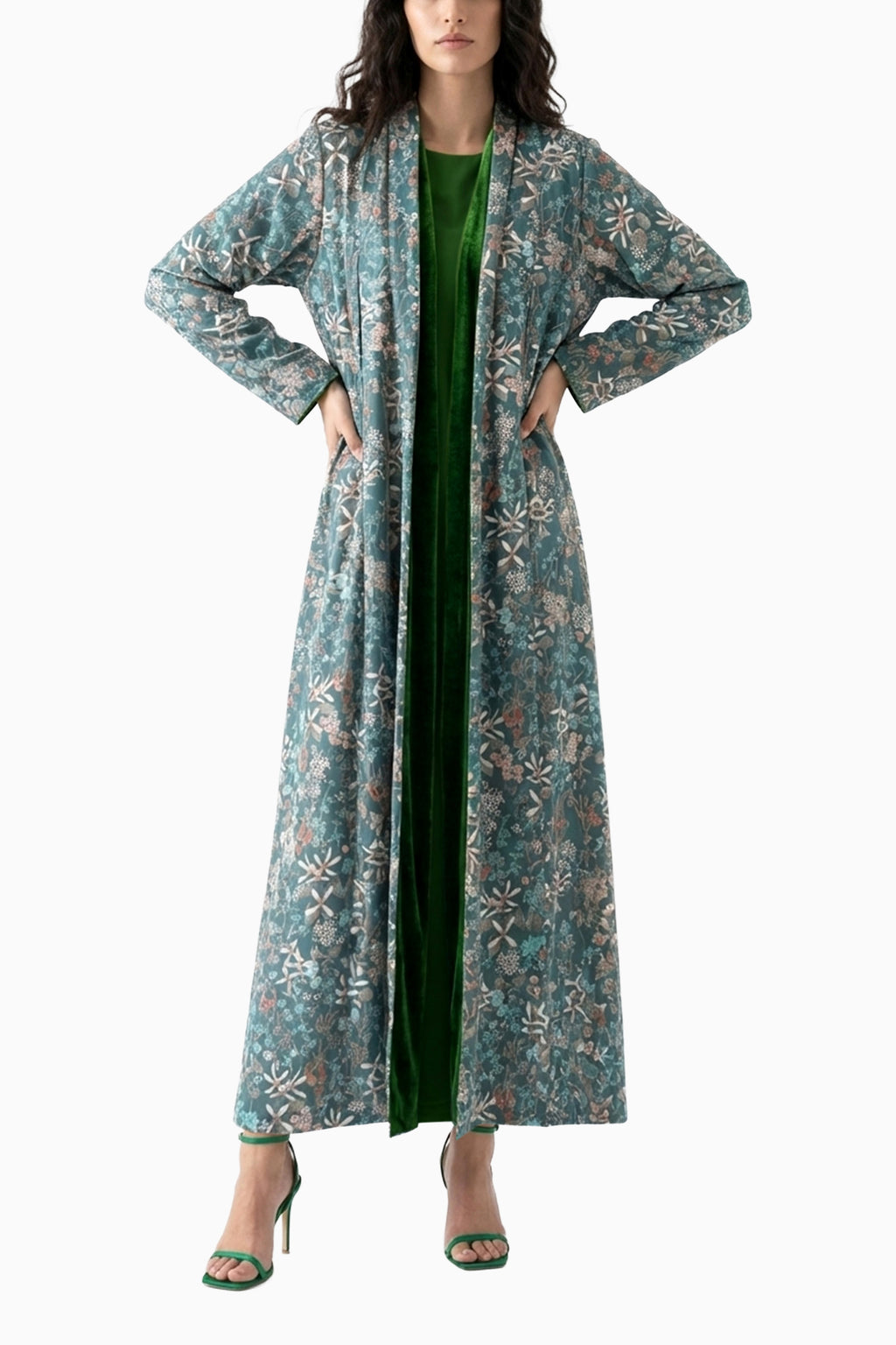 Nawar Green - Reversible Printed Floral and Velvet Abaya