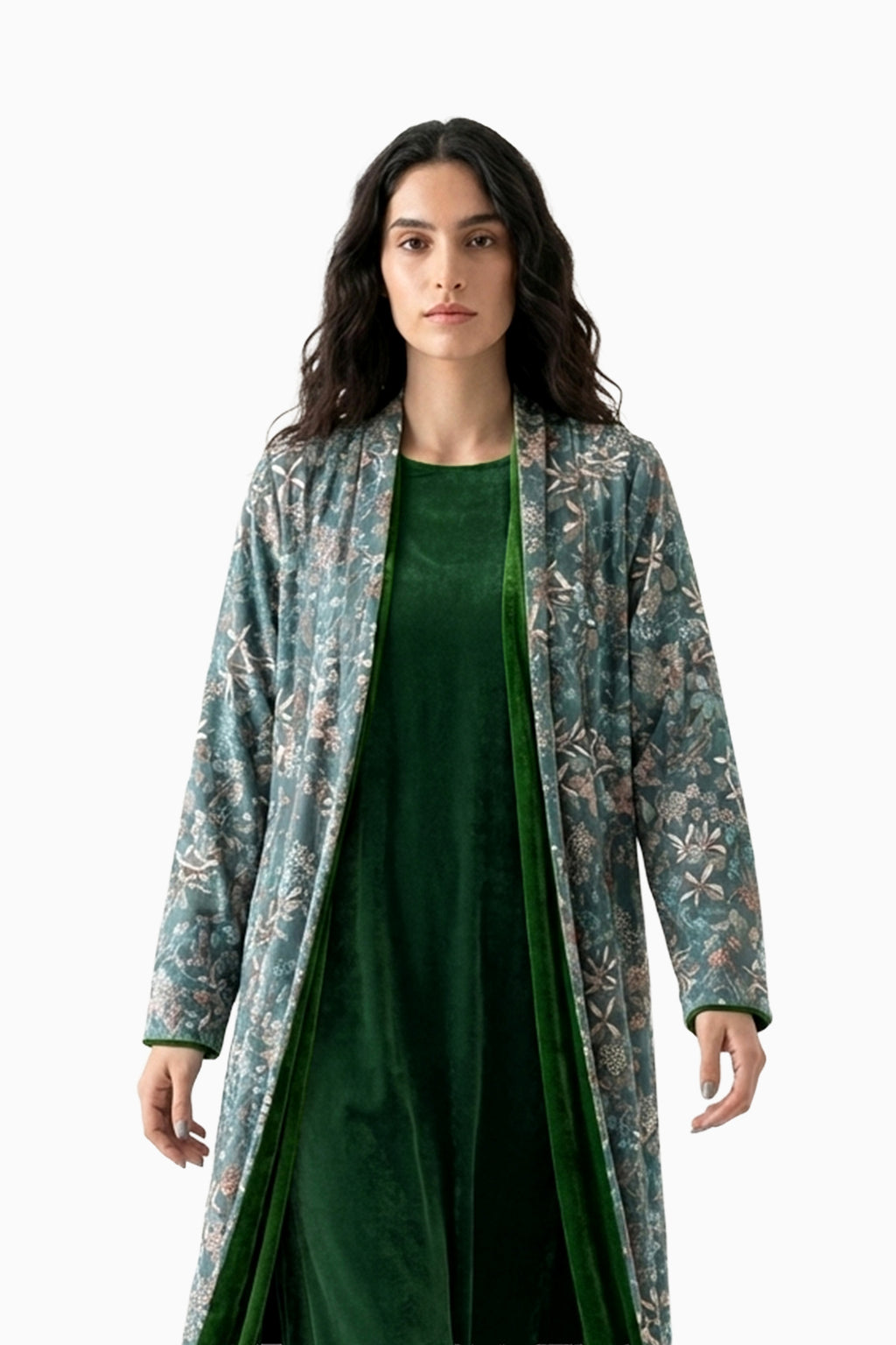 Nawar Green - Reversible Printed Floral and Velvet Abaya