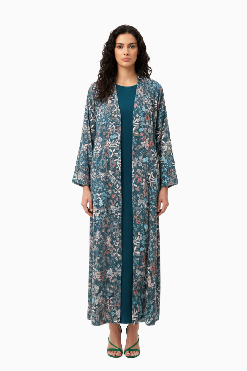 Nawar Sky - Reversible Printed Floral and Sky Blue Velvet Abaya