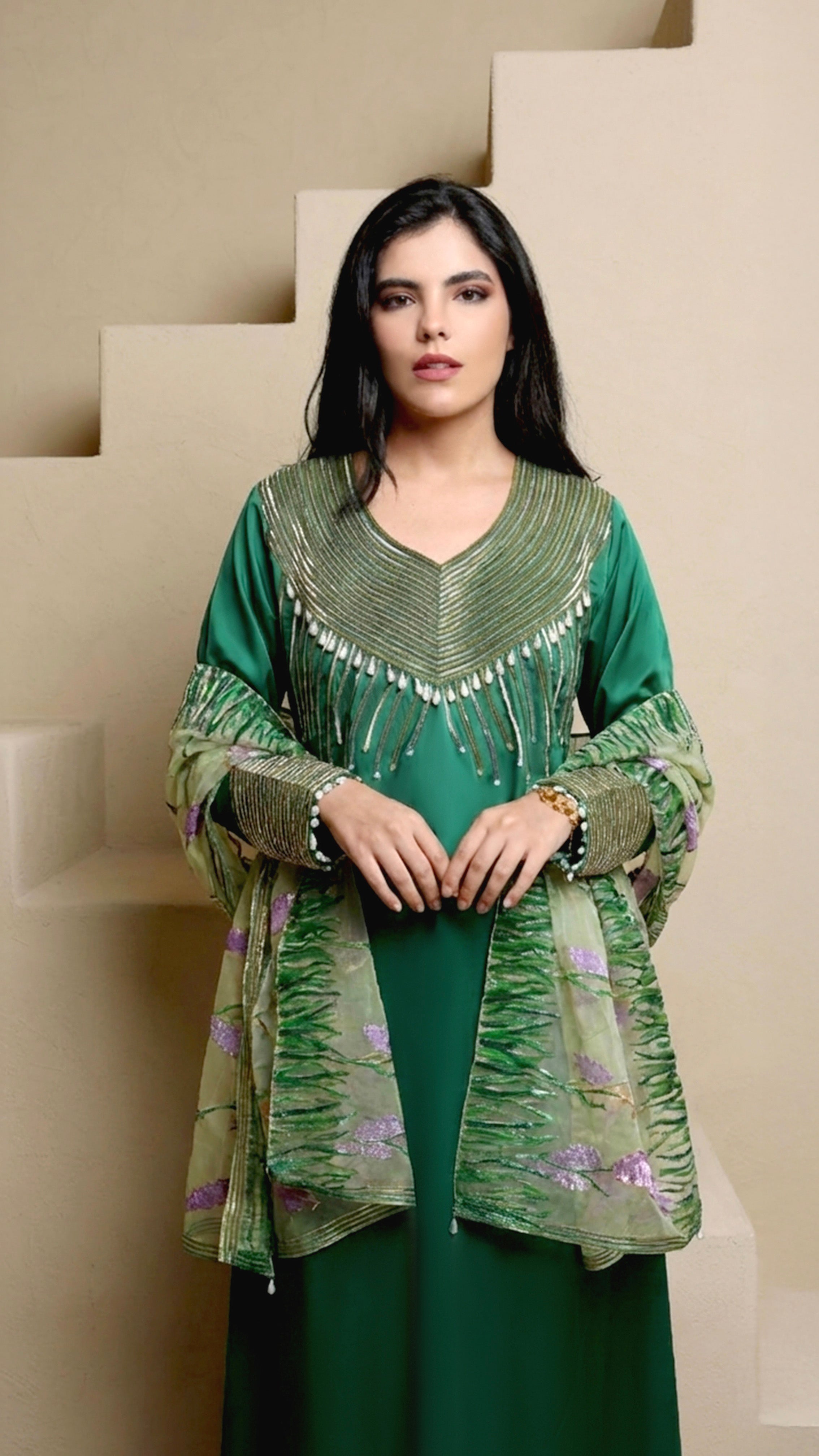Rana Green Mkhawar Kaftan - Dress with Pants and Shella with Floral Embroidery