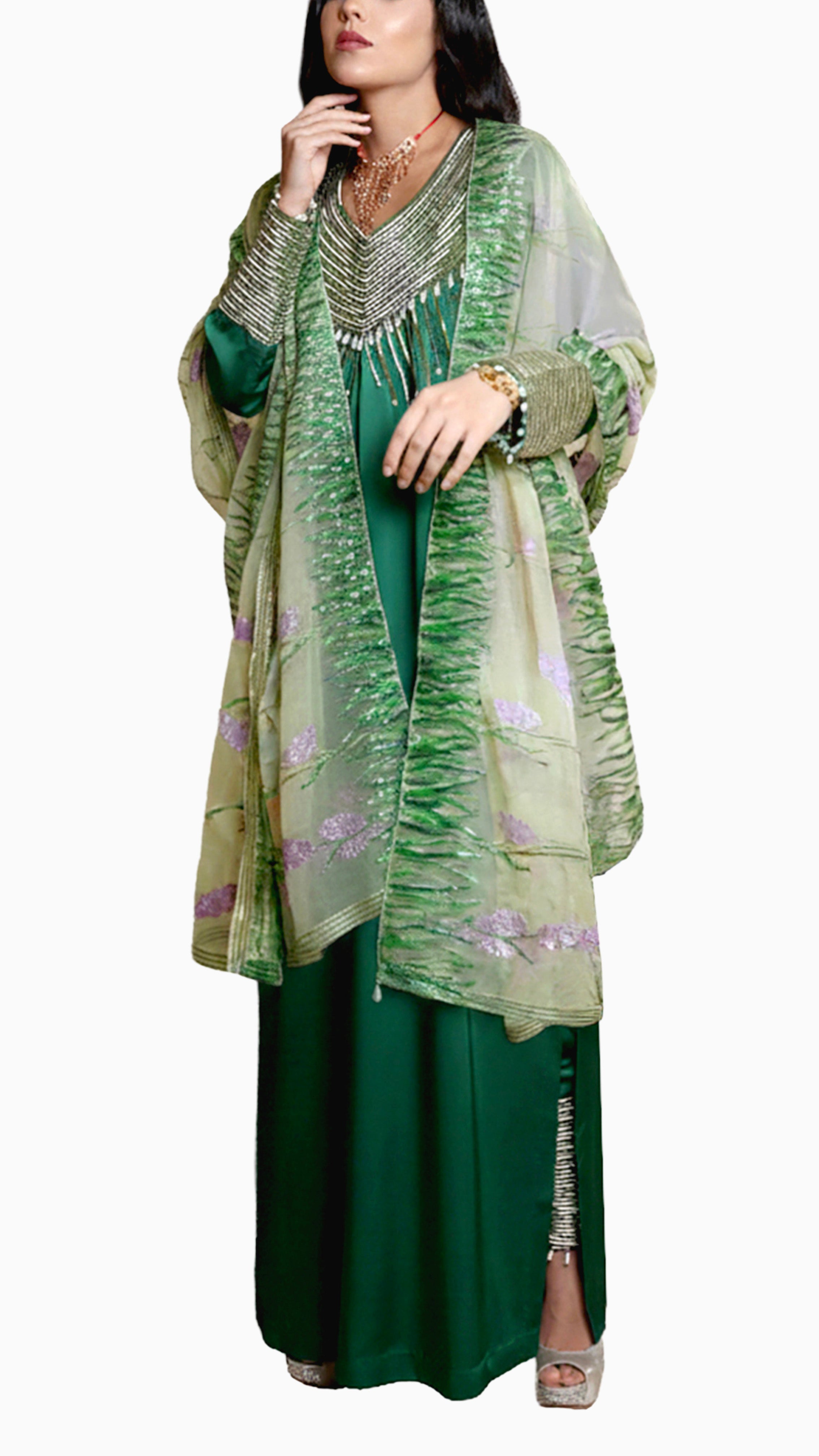 Rana Green Mkhawar Kaftan - Dress with Pants and Shella with Floral Embroidery