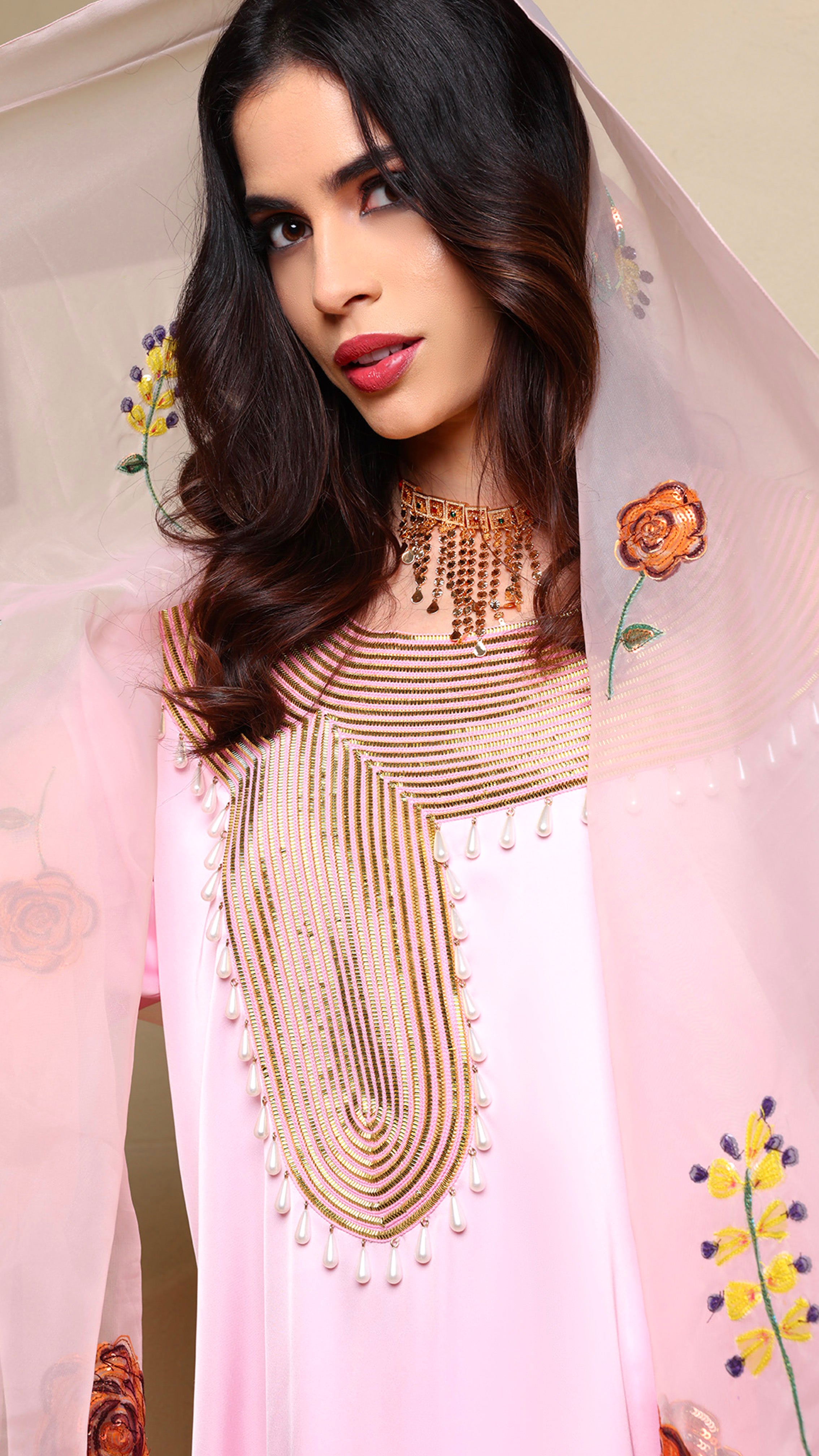 Rana Pink Mkhawar Kaftan - Dress with Pants and Shella with Floral Embroidery