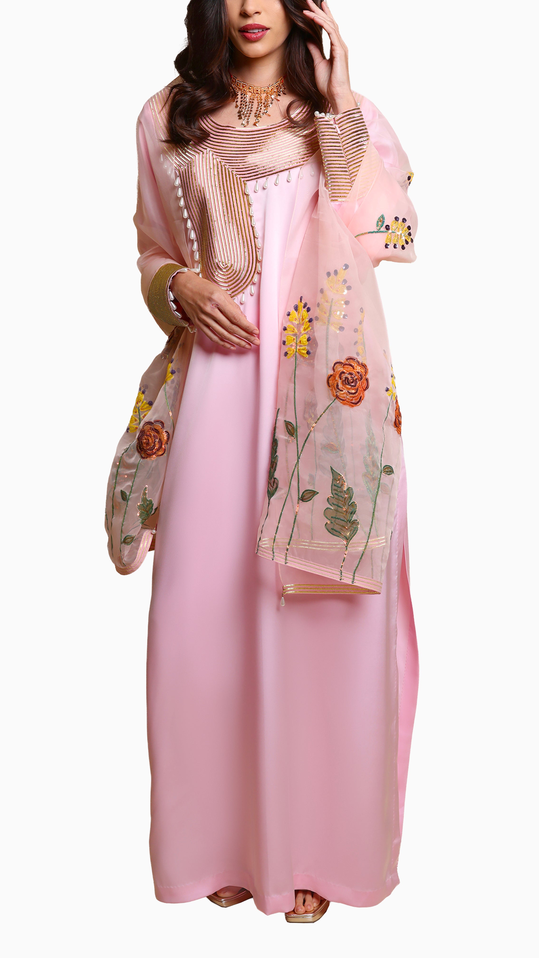 Rana Pink Mkhawar Kaftan - Dress with Pants and Shella with Floral Embroidery