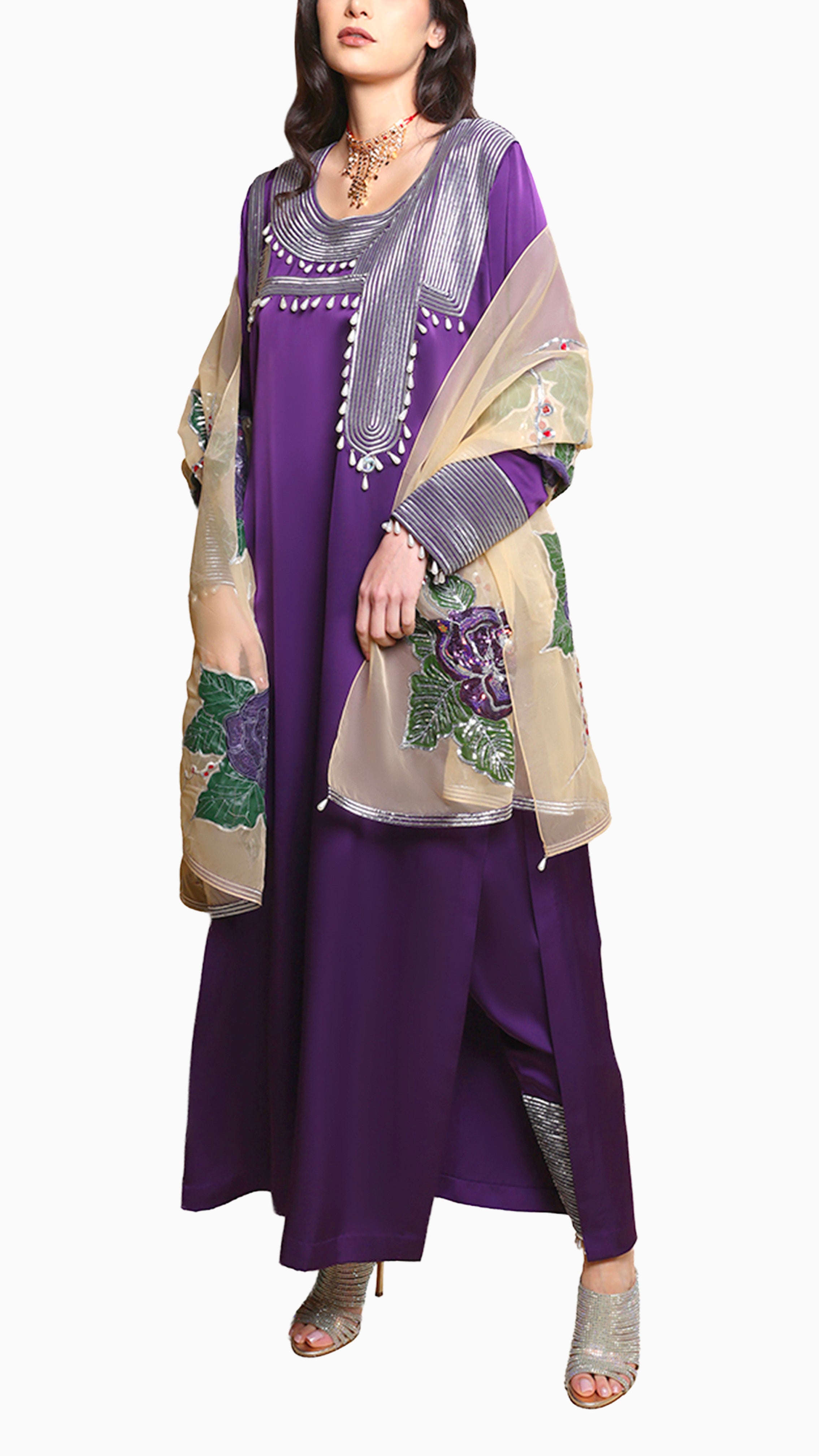 Rana Purple Mkhawar Kaftan - Dress with Pants and Shella with Floral Embroidery