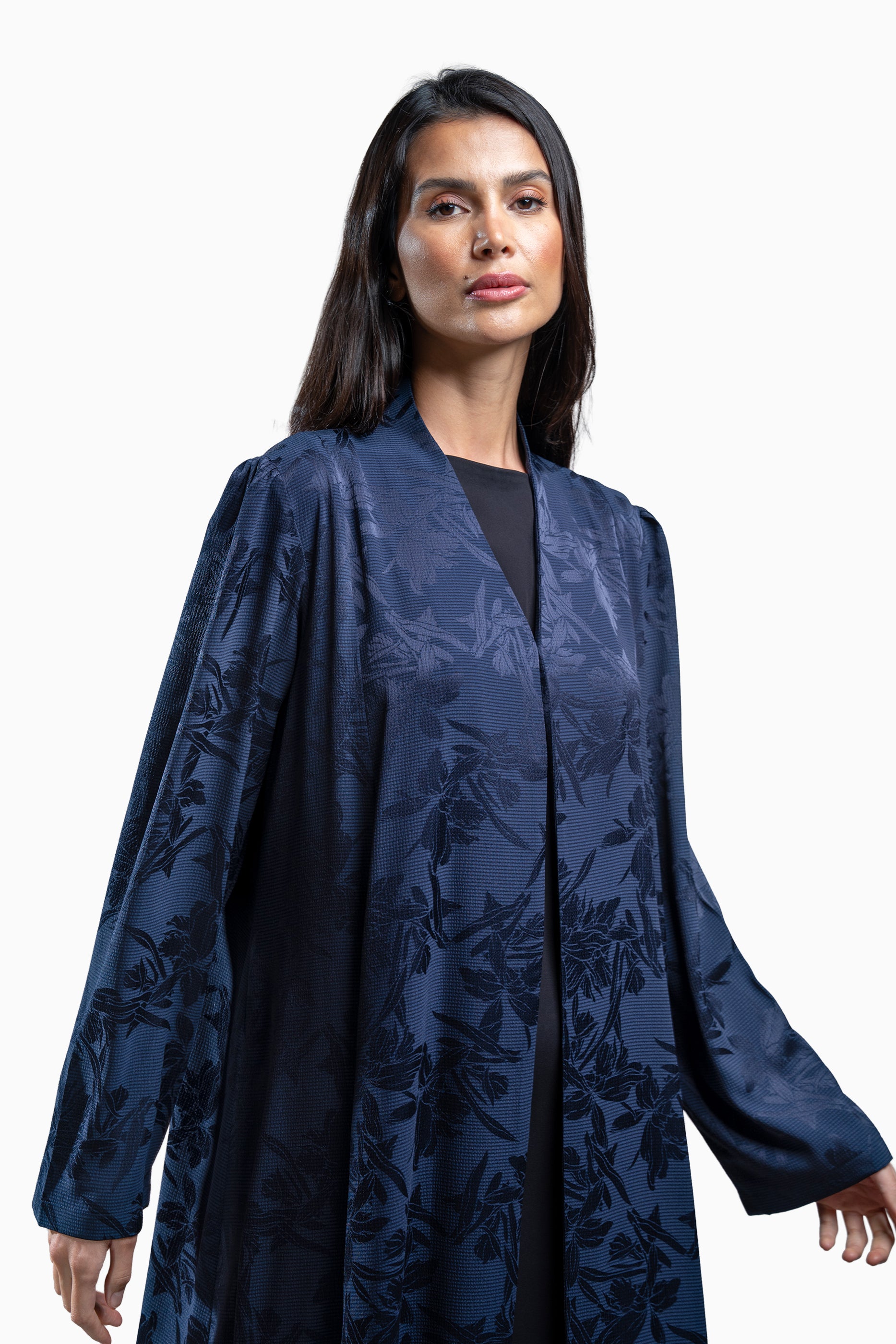 Ruba Dark Navy- Crepe Fabric with Printed Floral Abaya