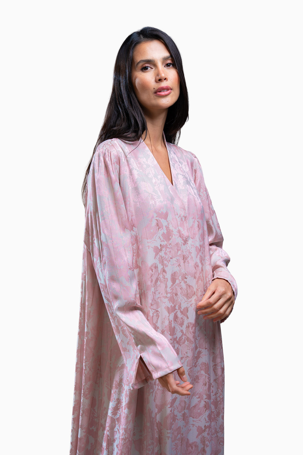 Wara Blush - Silk Fabric with Printed Floral Abaya
