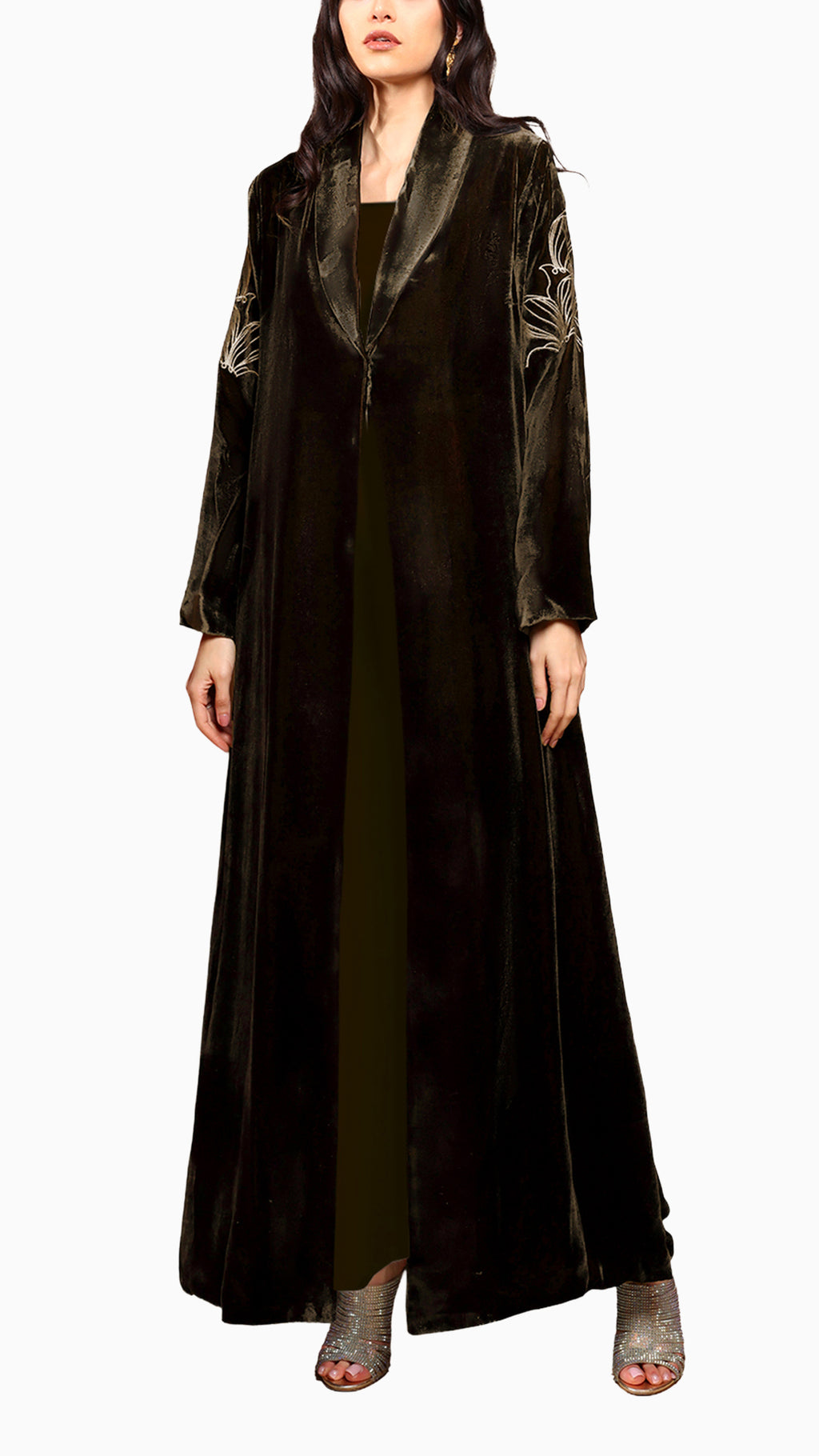 Warda Black Brown - Classic Velvet Abaya with Floral Embroidery Detail
