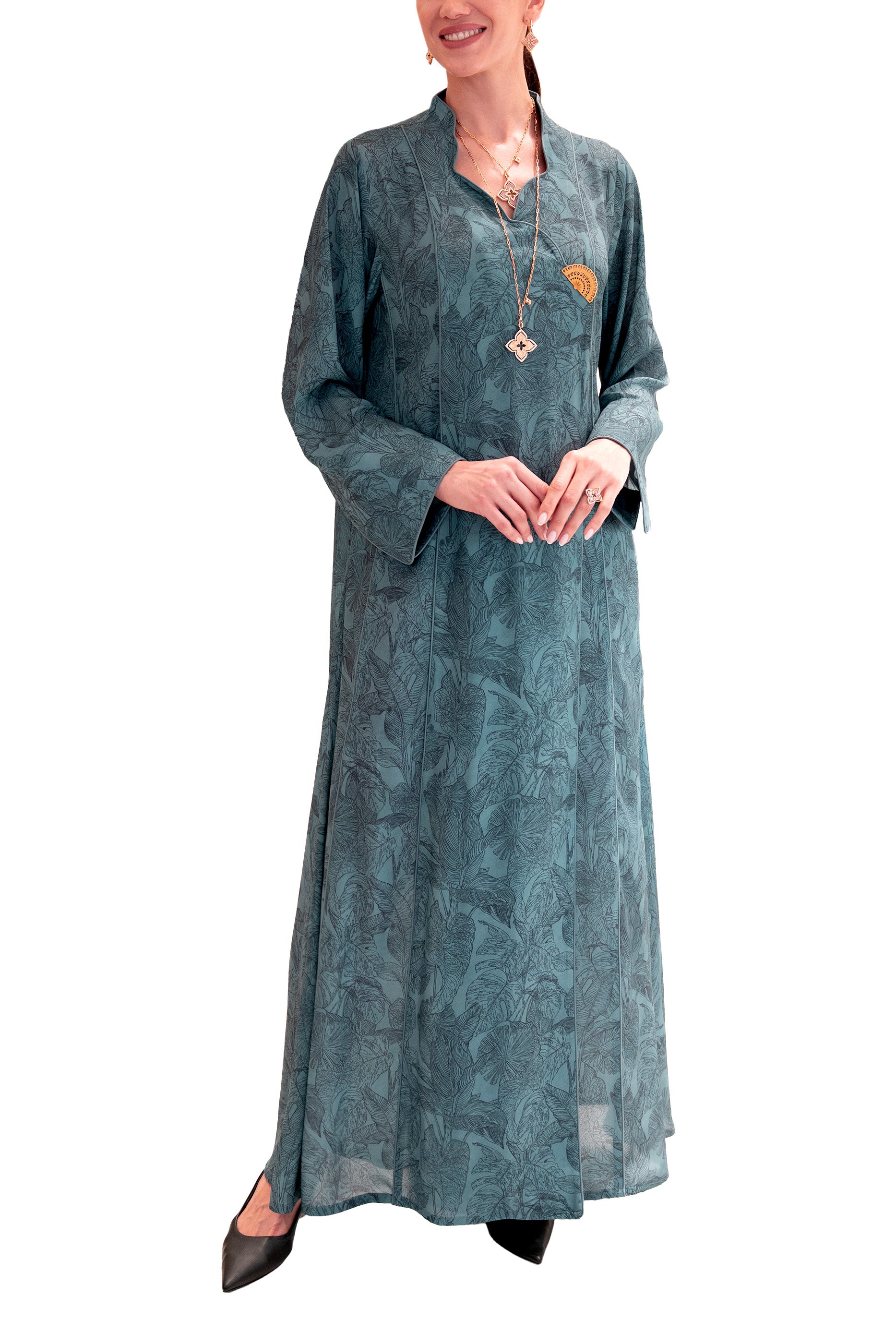 Wisteria Sky - Mandarin Collar Printed Abaya