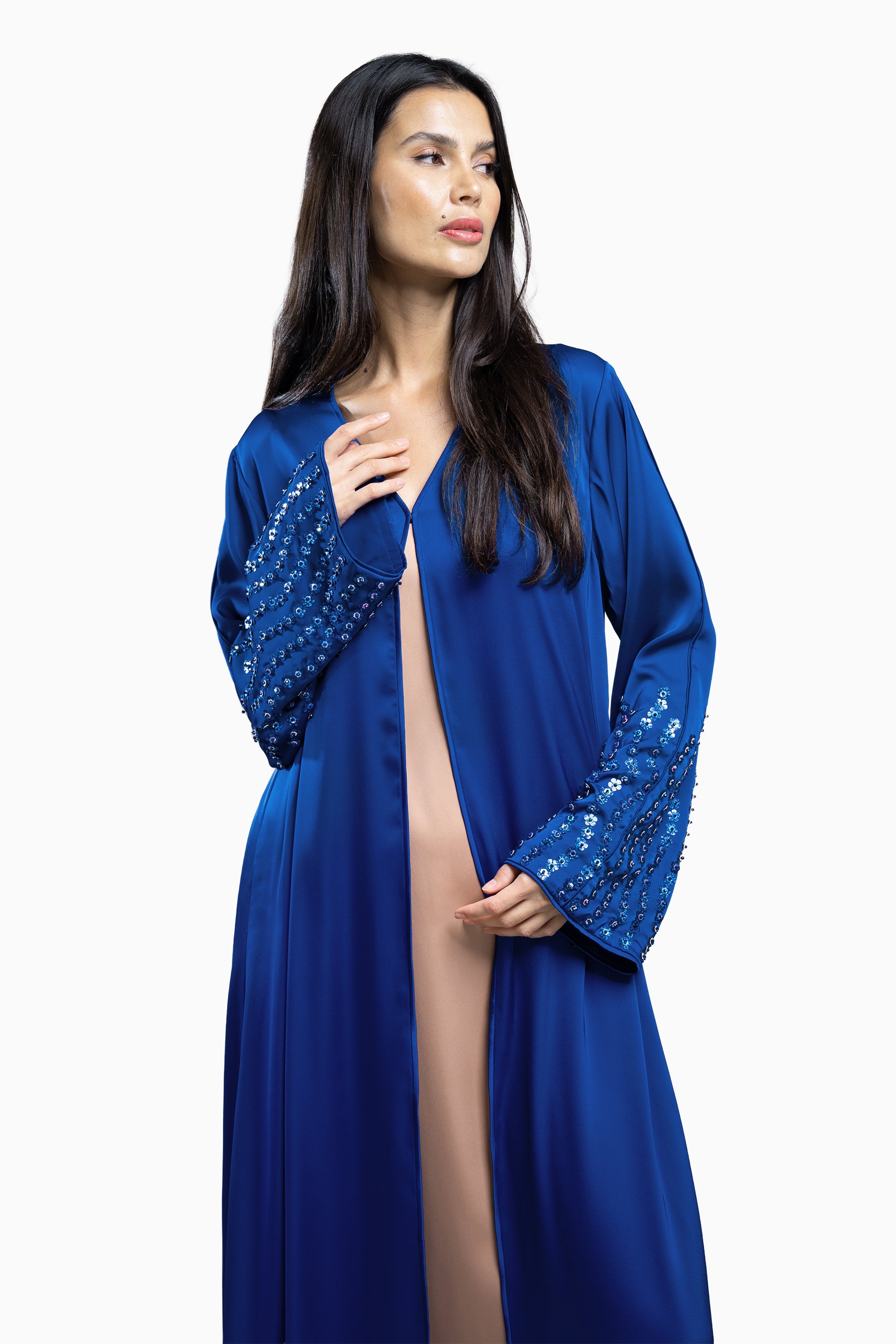 Zahr Blue - Minimalist Abaya with Flower Embroidery