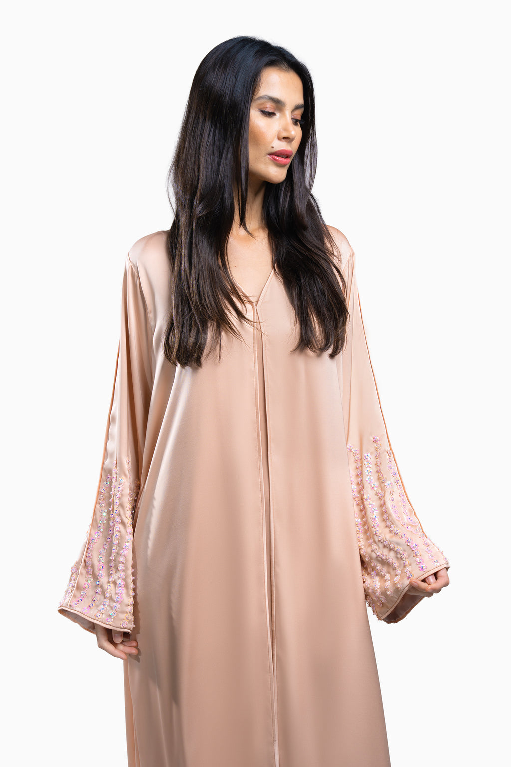 Zahr Blush - Minimalist Abaya with Flower Embroidery