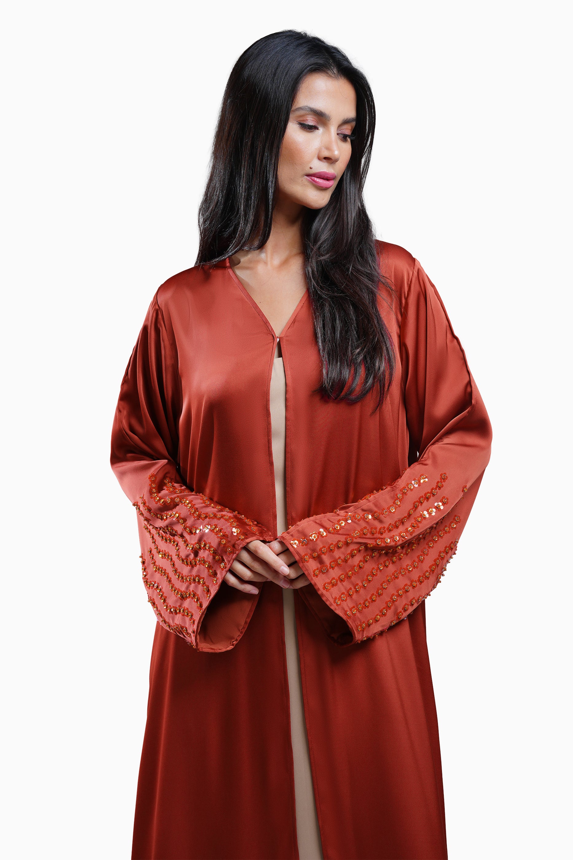 Zahr Burnt - Minimalist Abaya with Flower Embroidery