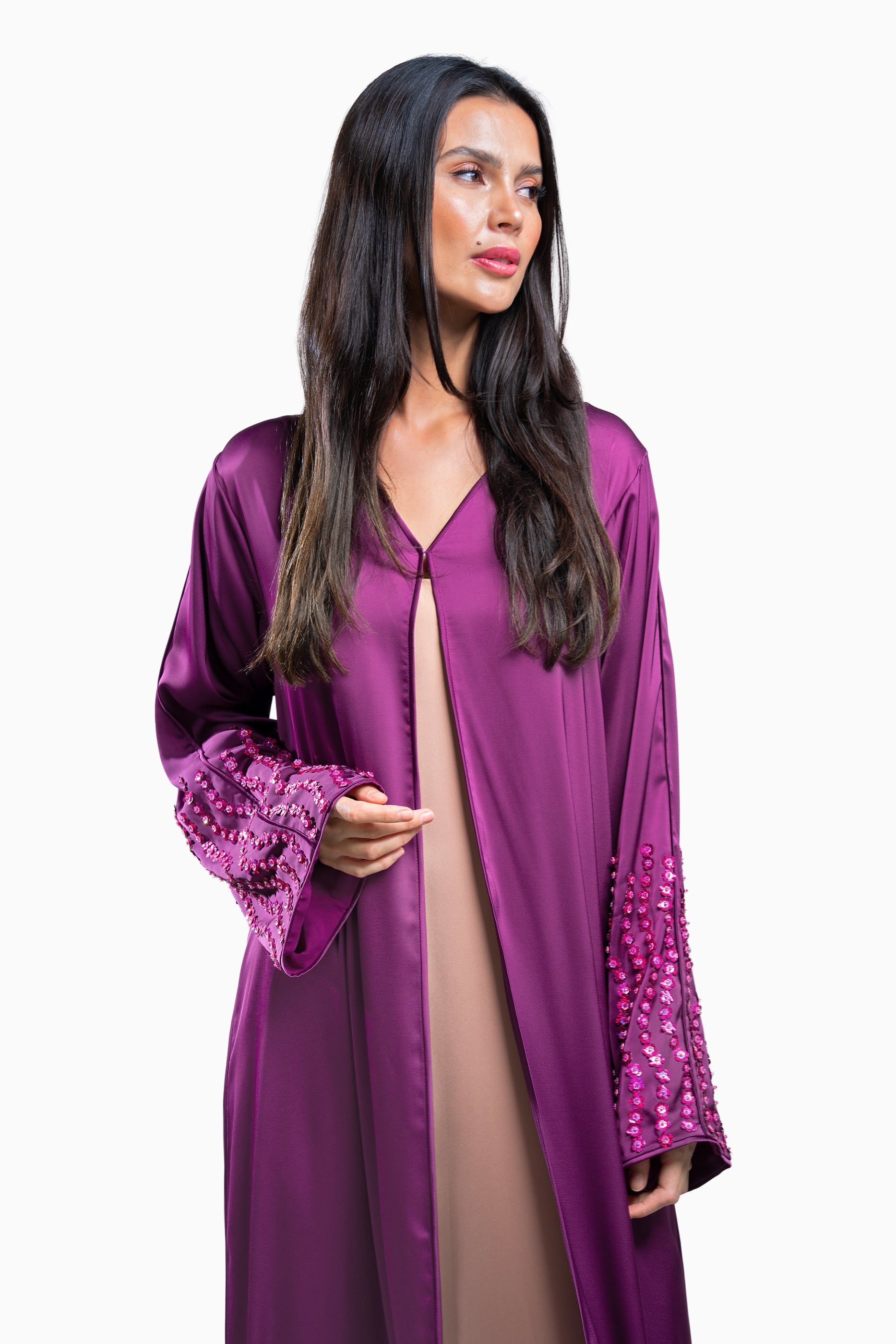 Zahr Purple - Minimalist Abaya with Flower Embroidery