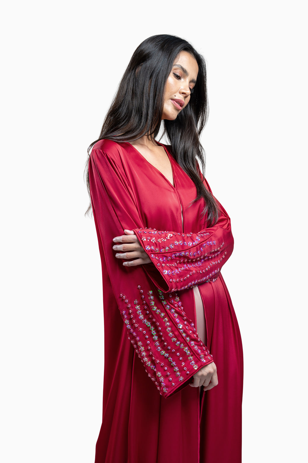 Zahr Red - Minimalist Abaya with Flower Embroidery