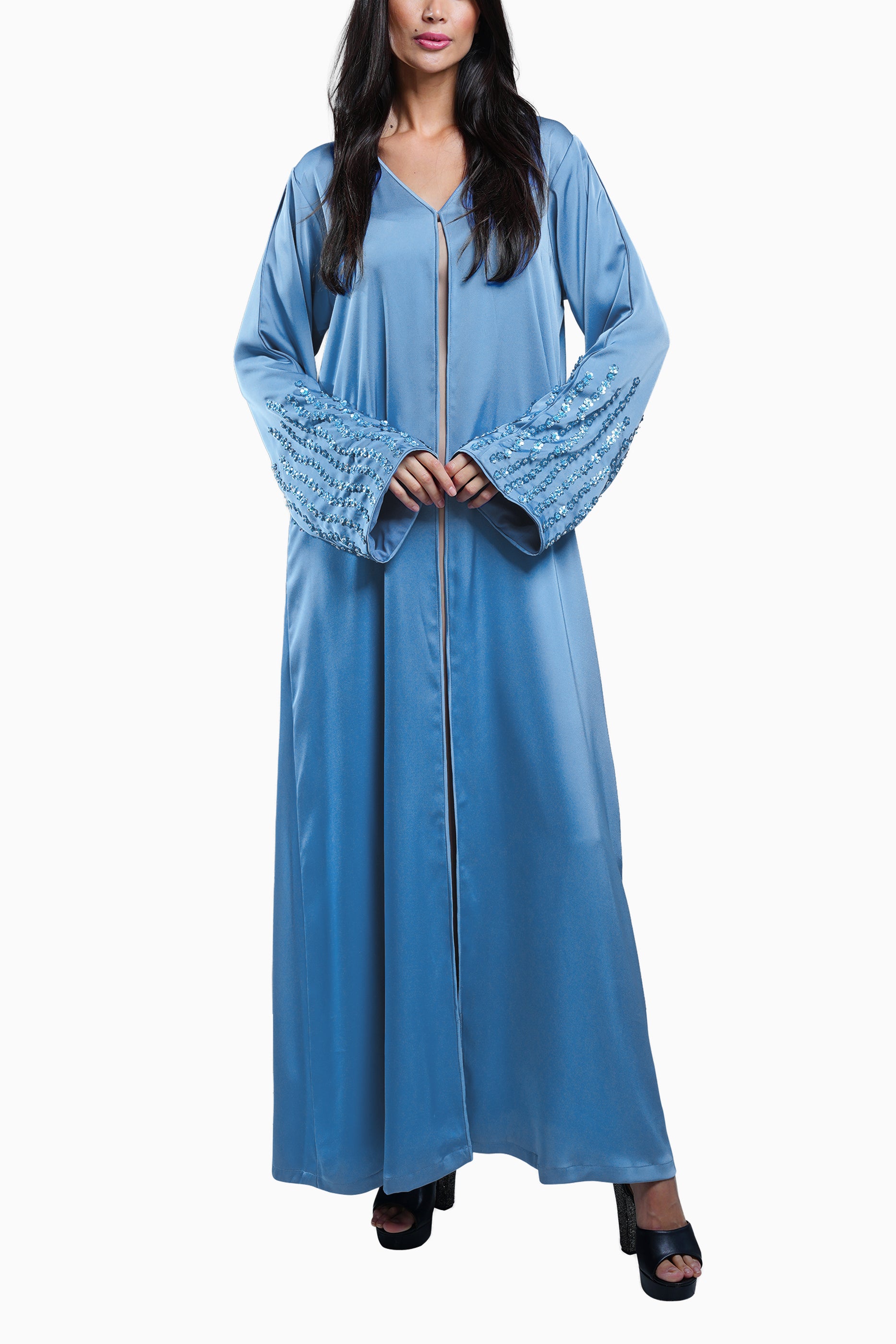 Zahr Sky - Minimalist Abaya with Flower Embroidery