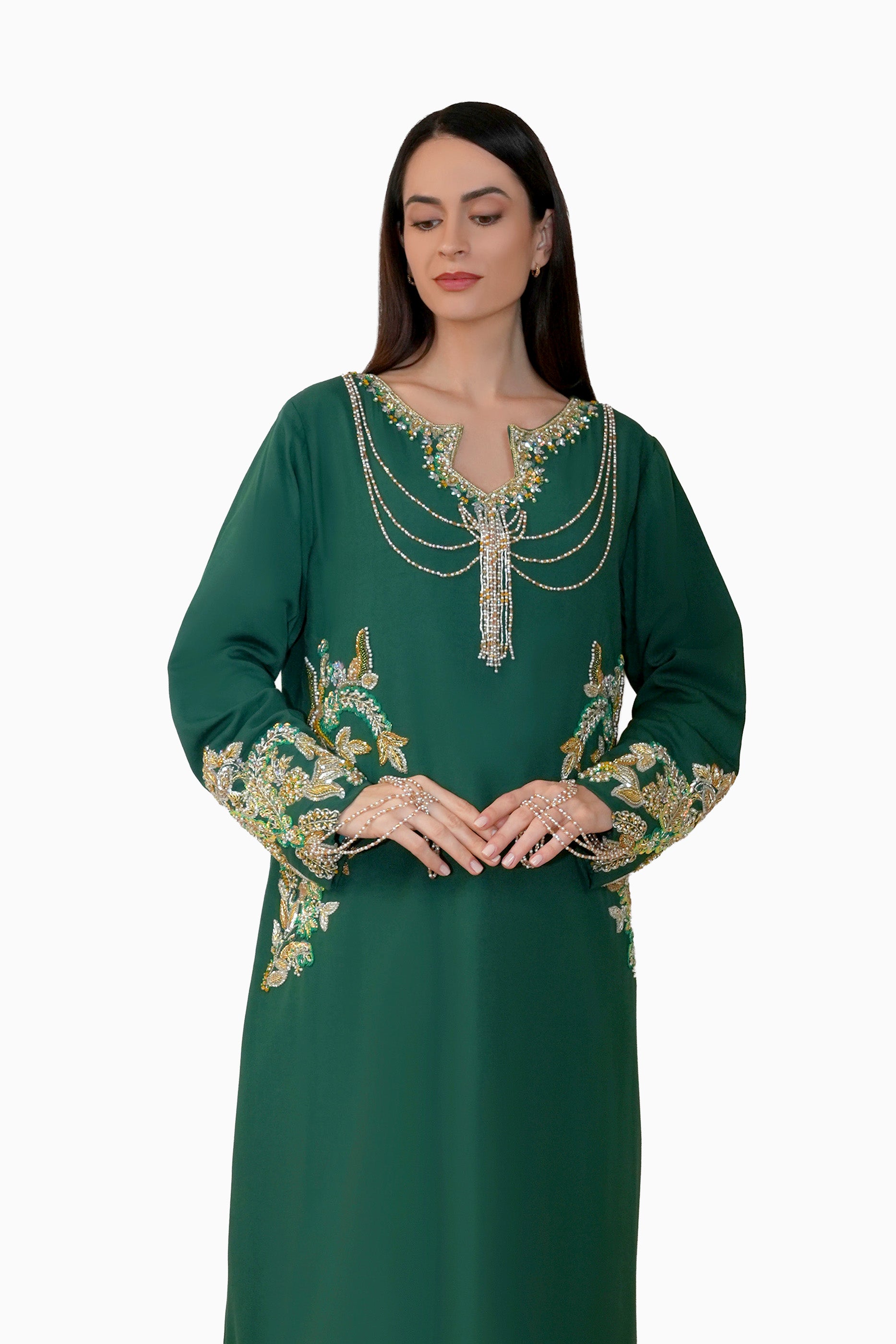Azalea Green - Embroidered Floral Kaftan Dress