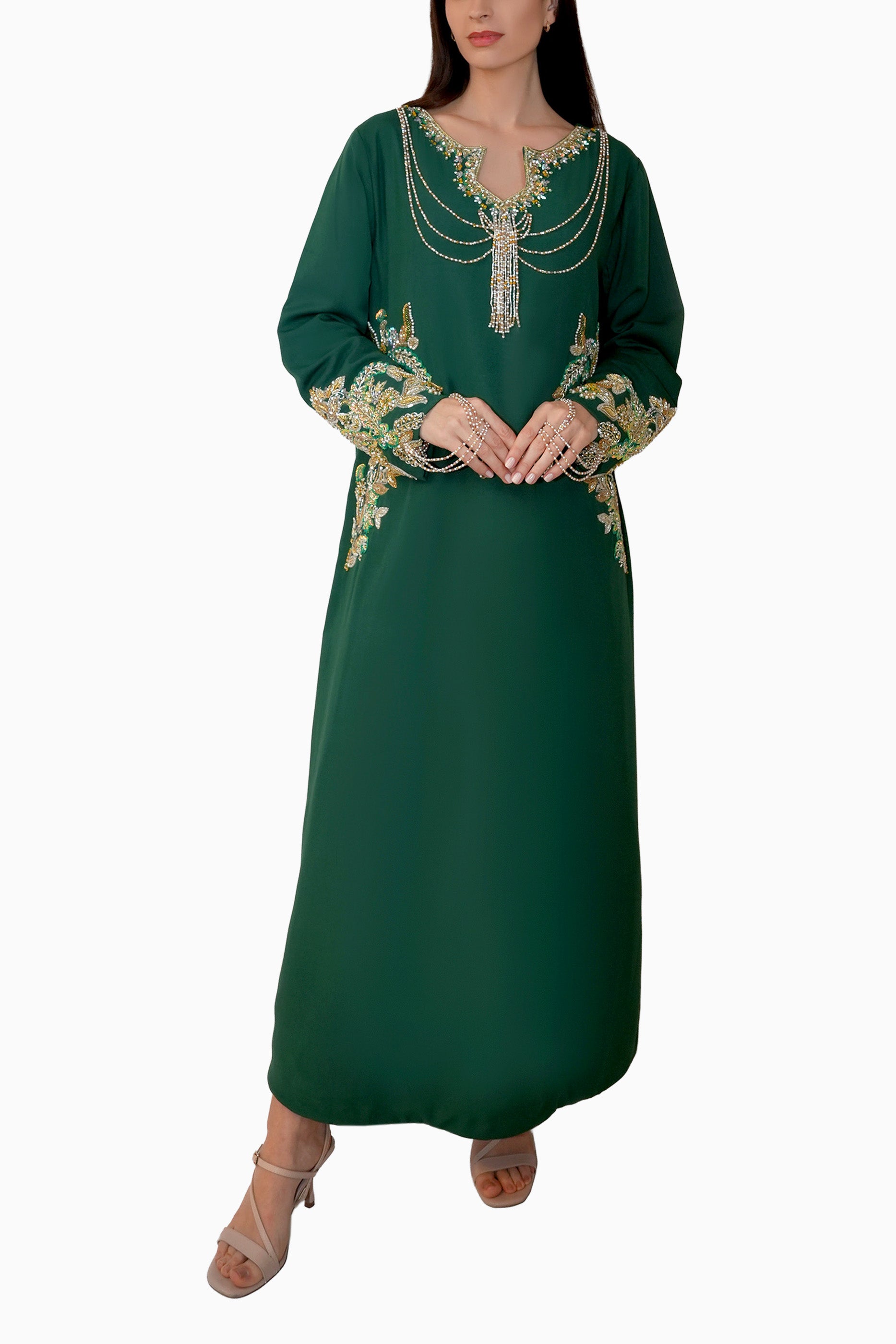 Azalea Green - Embroidered Floral Kaftan Dress