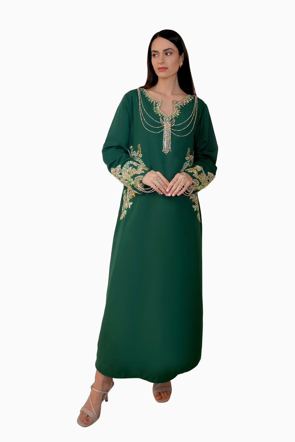 Azalea Green - Embroidered Floral Kaftan Dress