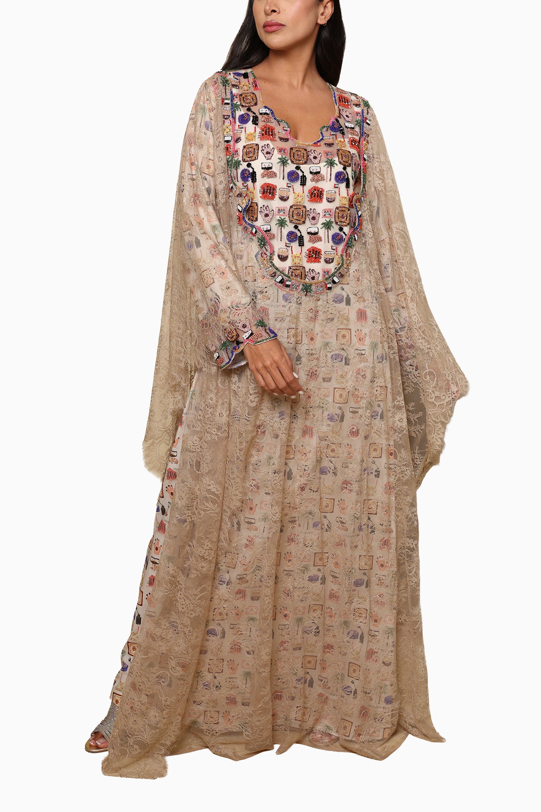 Elina Beige Mkhawar Kaftan - Printed Floral Embroidery