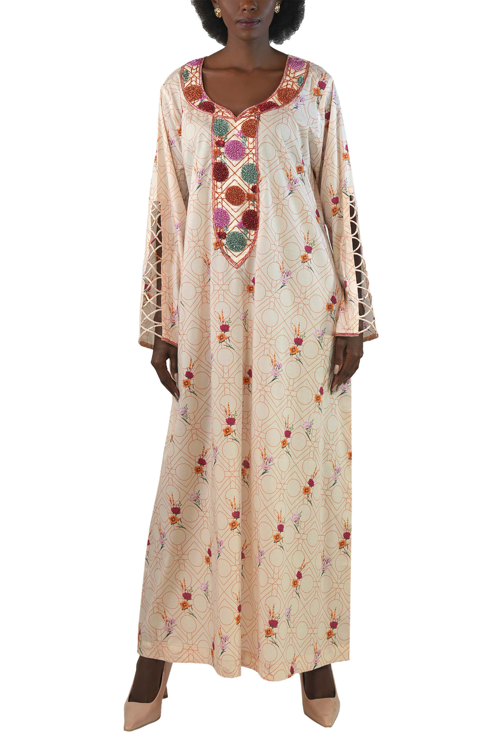 Flo Creamy - Printed Floral Kaftan Dress